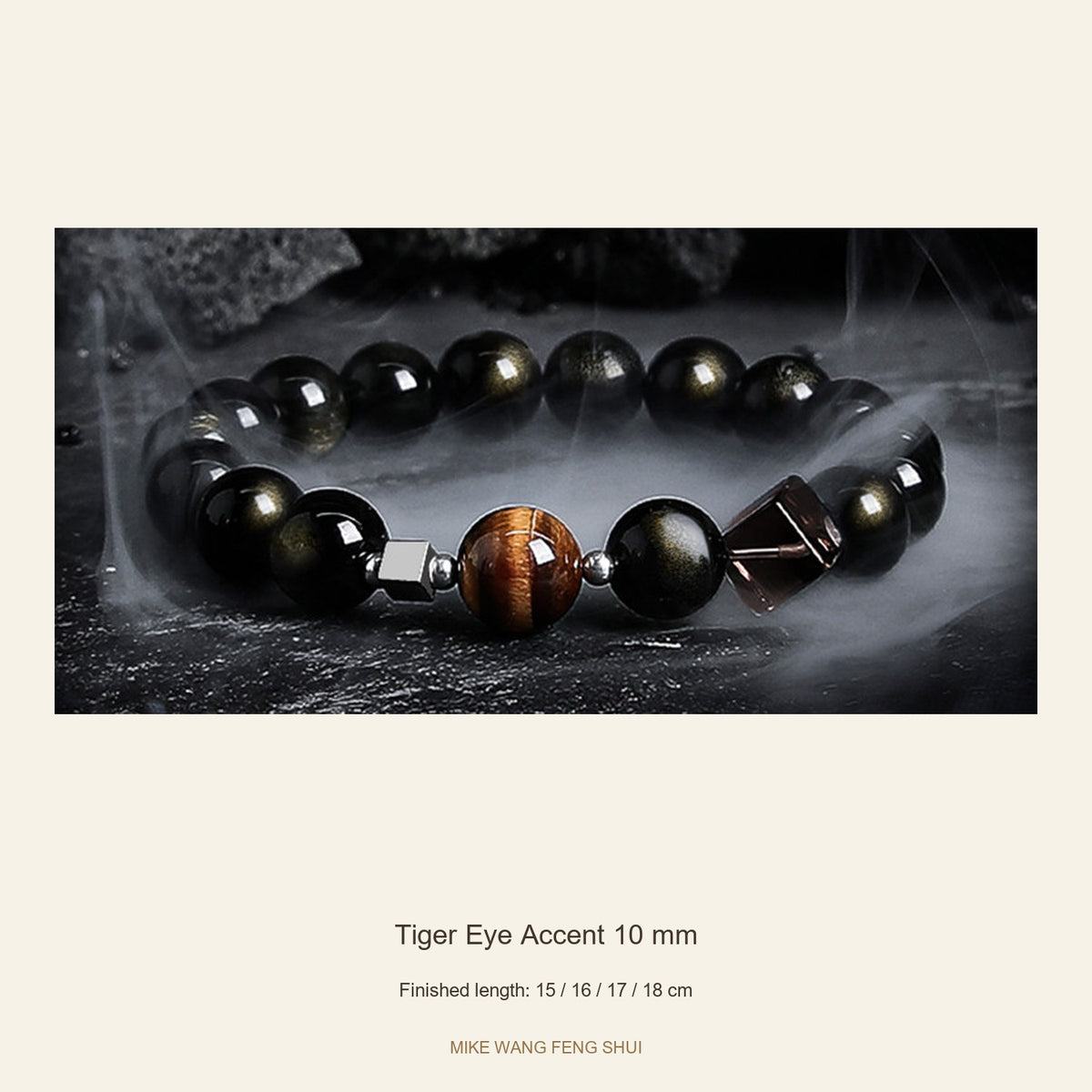 Obsidian Accent Bracelet — Dark Moon & Tiger Eye — Tiger Eye Accent 10 mm — full view #Style_Tiger Eye Accent 10 mm