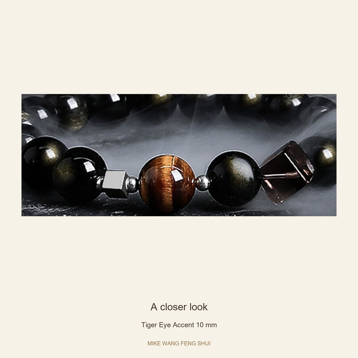 Obsidian Accent Bracelet — Dark Moon & Tiger Eye — Tiger Eye Accent 10 mm — detail #Style_Tiger Eye Accent 10 mm
