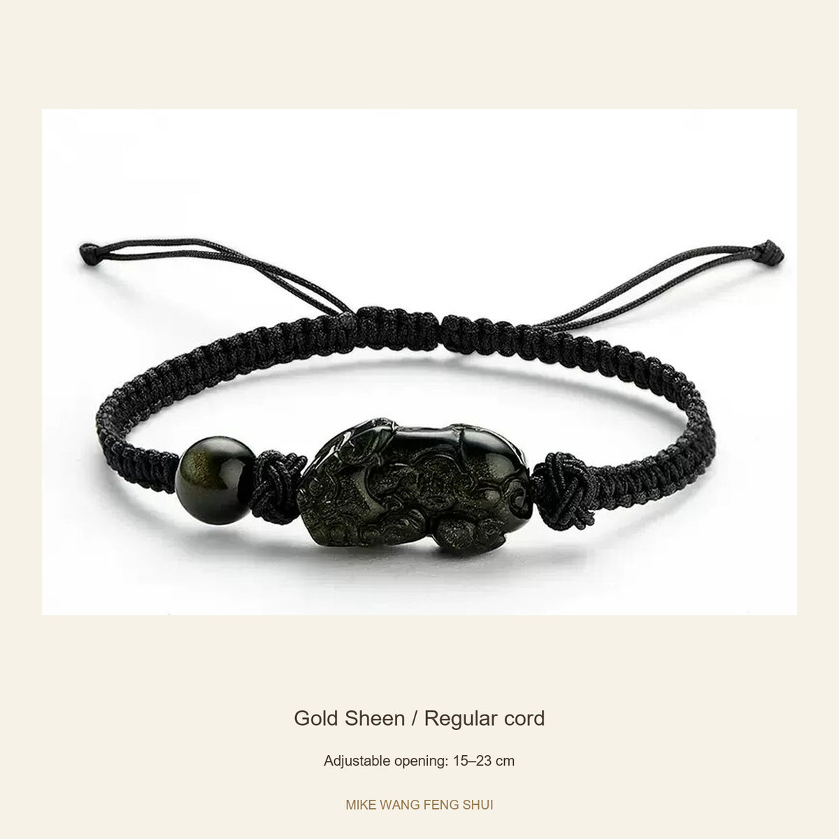 Obsidian Pixiu Adjustable Cord Bracelet — Gold Sheen / Regular cord — full view #Style_Gold Sheen / Regular cord
