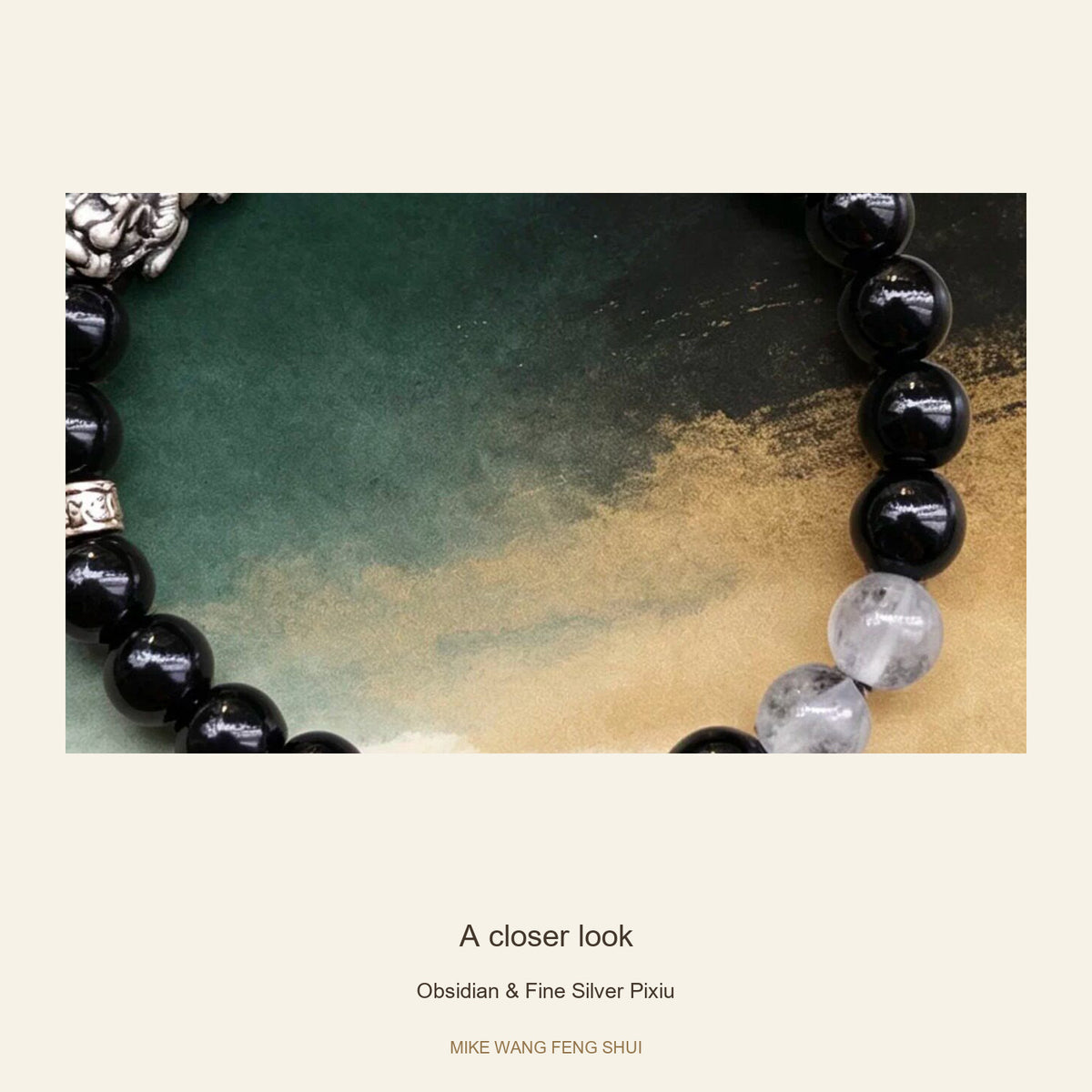 6 mm Obsidian & Fine Silver Pixiu Bracelet — Obsidian & Fine Silver Pixiu — detail