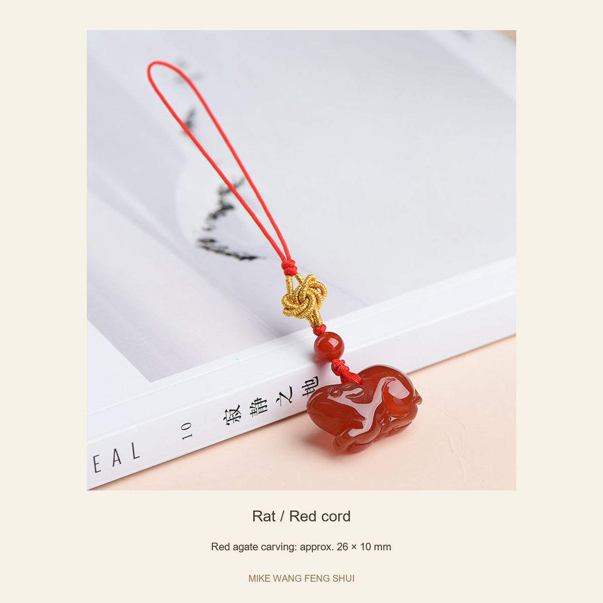 Red Agate Chinese Zodiac Phone Charm — Rat / Red cord — full view #Design_Rat / Red cord