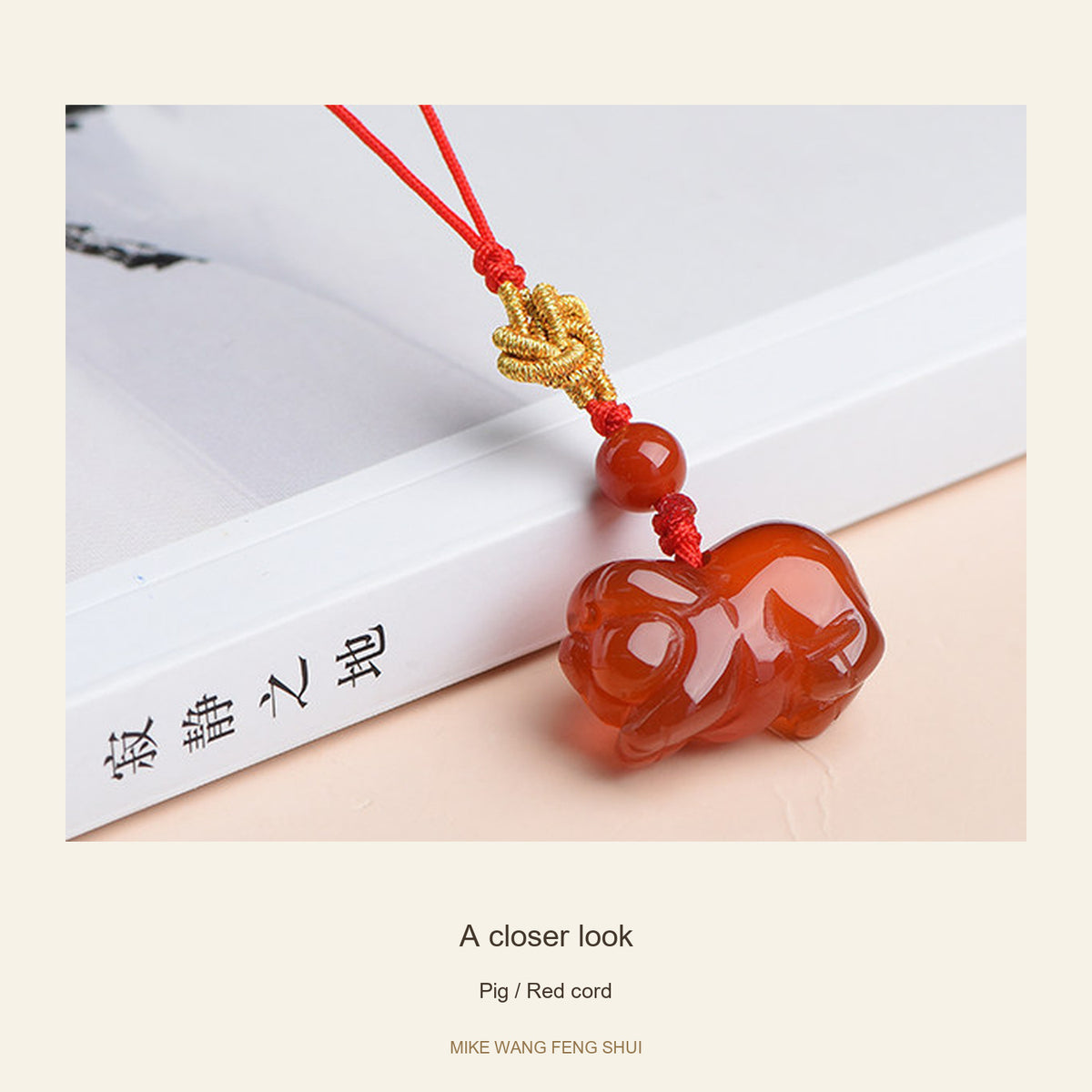 Red Agate Chinese Zodiac Phone Charm — Pig / Red cord — detail #Design_Pig / Red cord