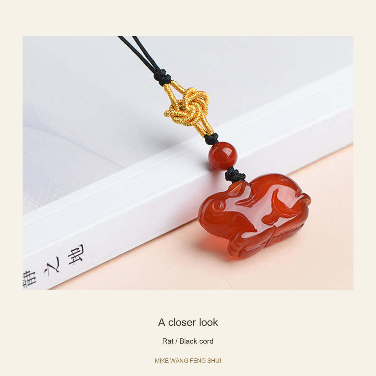 Red Agate Chinese Zodiac Phone Charm — Rat / Black cord — detail #Design_Rat / Black cord