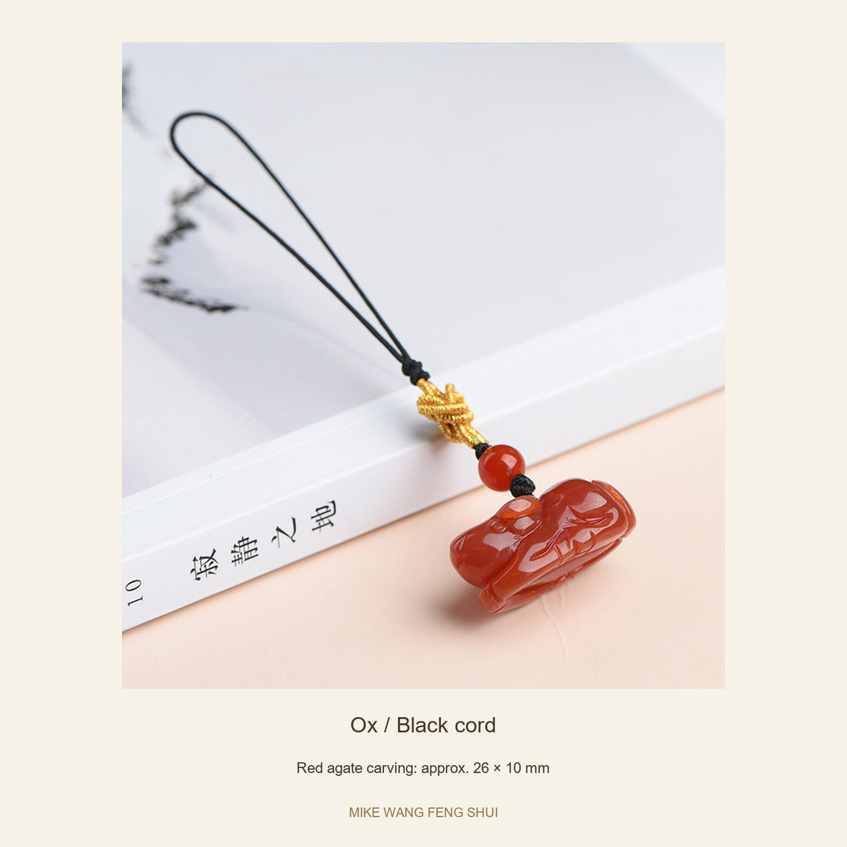Red Agate Chinese Zodiac Phone Charm — Ox / Black cord — full view #Design_Ox / Black cord