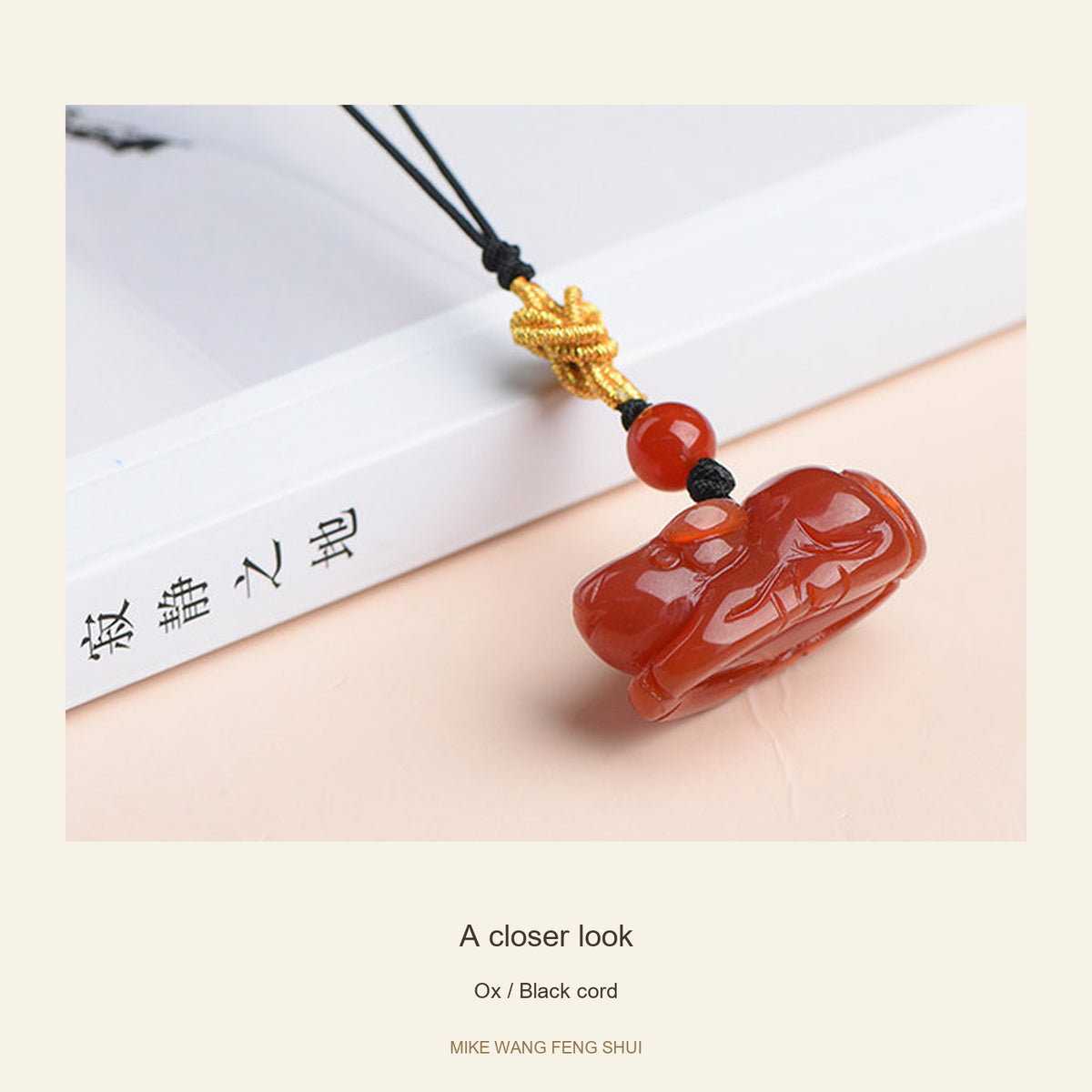 Red Agate Chinese Zodiac Phone Charm — Ox / Black cord — detail #Design_Ox / Black cord