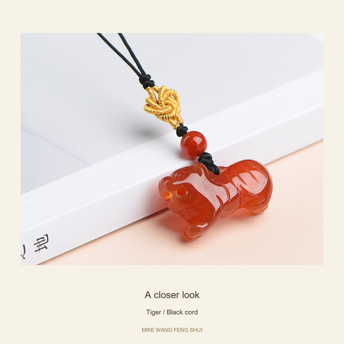 Red Agate Chinese Zodiac Phone Charm — Tiger / Black cord — detail #Design_Tiger / Black cord