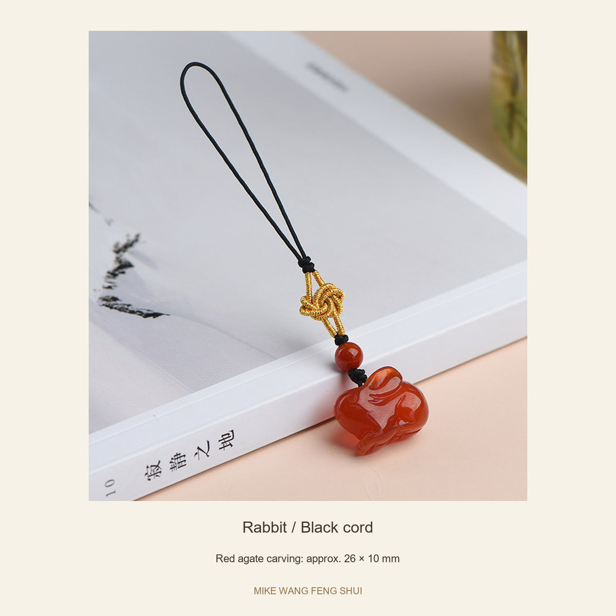 Red Agate Chinese Zodiac Phone Charm — Rabbit / Black cord — full view #Design_Rabbit / Black cord
