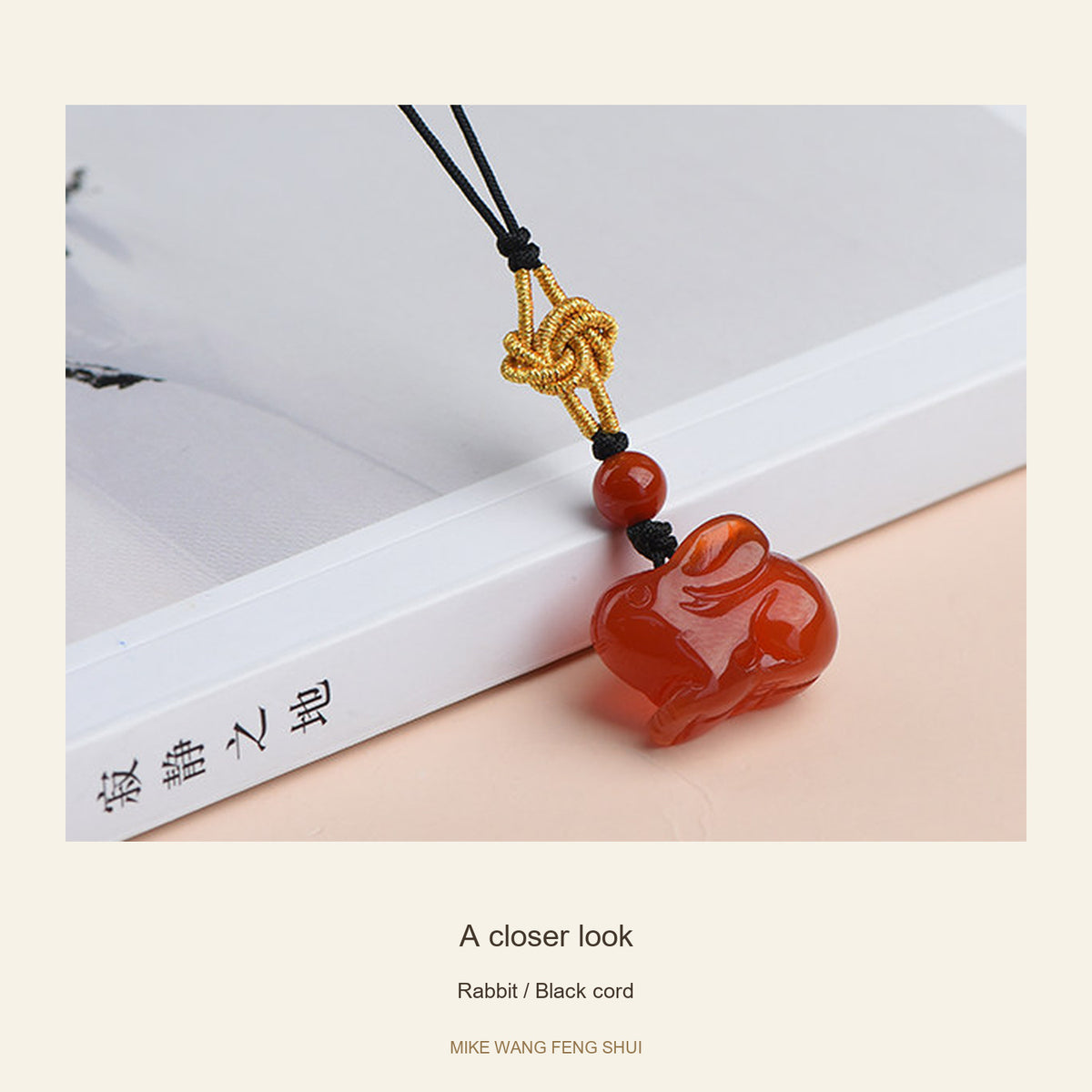 Red Agate Chinese Zodiac Phone Charm — Rabbit / Black cord — detail #Design_Rabbit / Black cord
