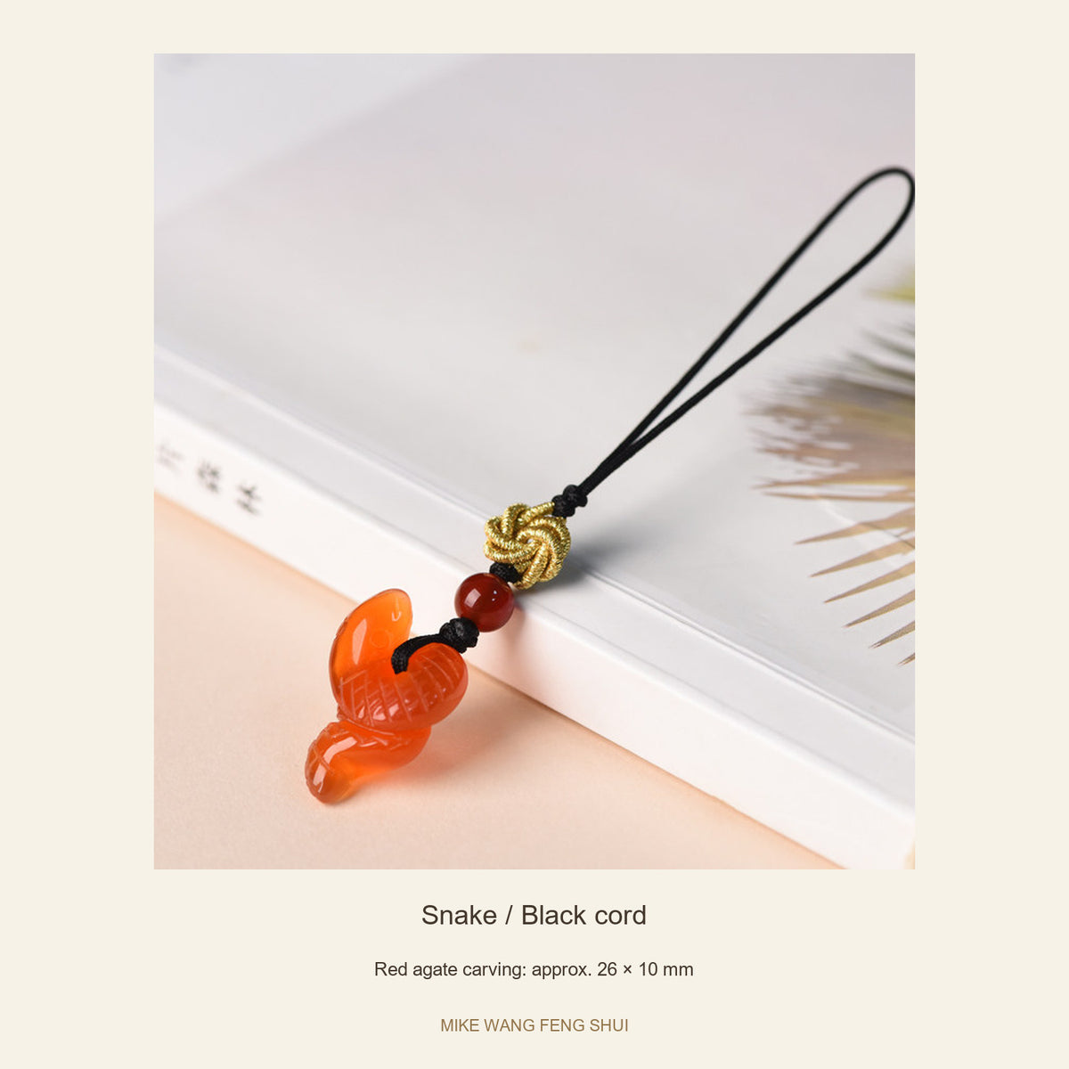 Red Agate Chinese Zodiac Phone Charm — Snake / Black cord — full view #Design_Snake / Black cord