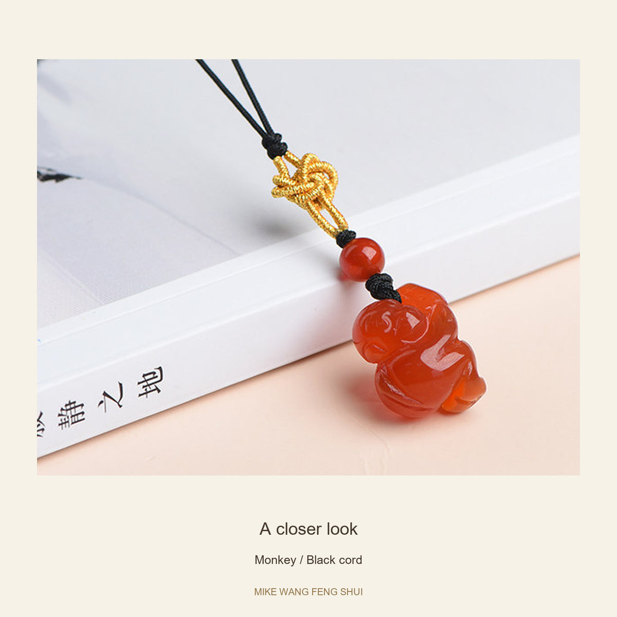 Red Agate Chinese Zodiac Phone Charm — Monkey / Black cord — detail #Design_Monkey / Black cord