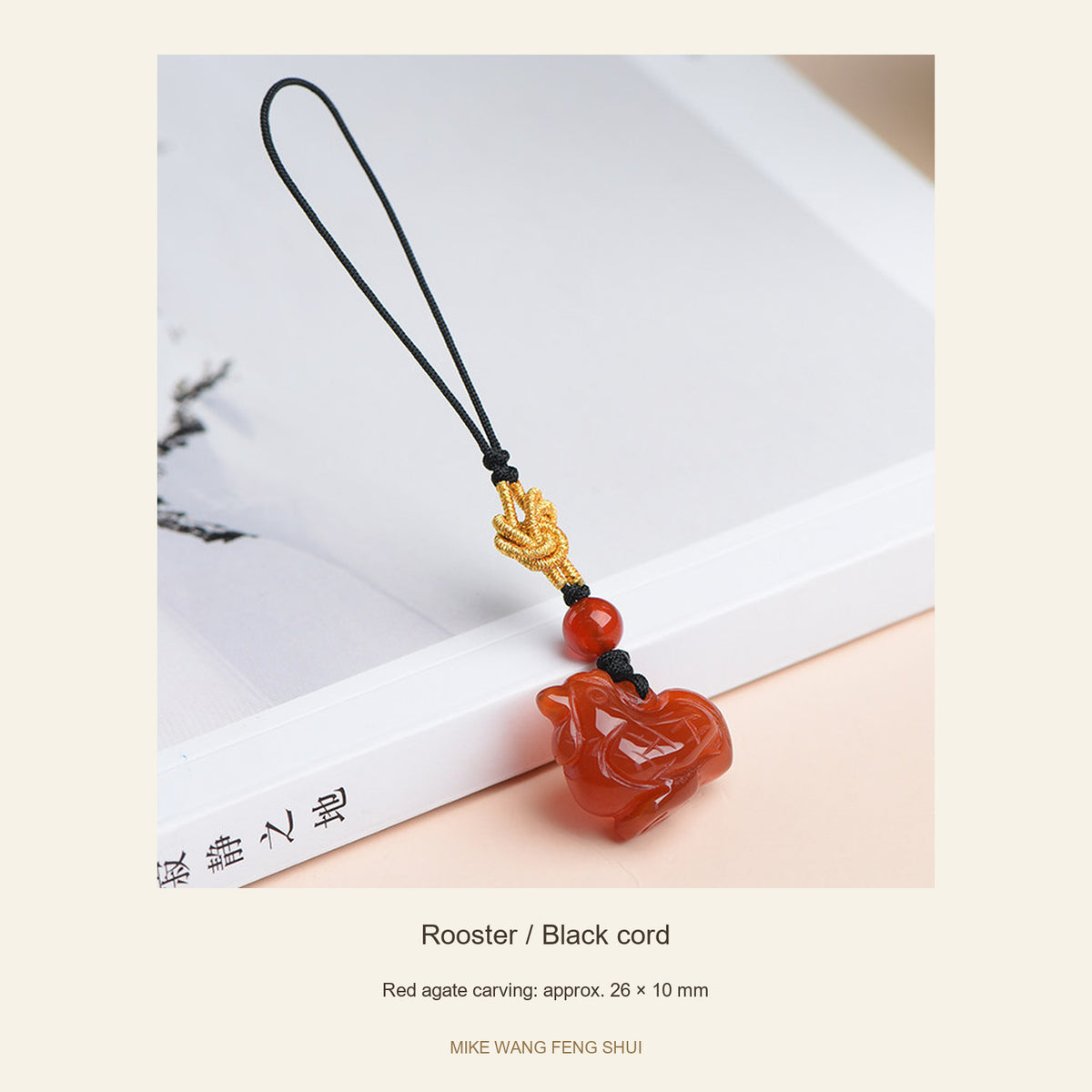 Red Agate Chinese Zodiac Phone Charm — Rooster / Black cord — full view #Design_Rooster / Black cord