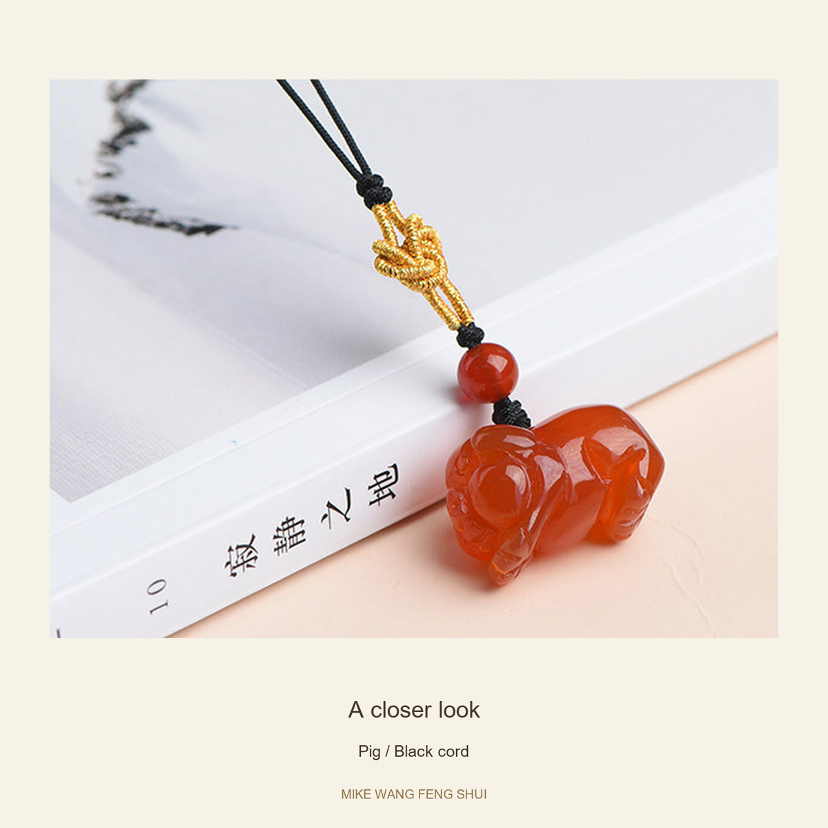 Red Agate Chinese Zodiac Phone Charm — Pig / Black cord — detail #Design_Pig / Black cord