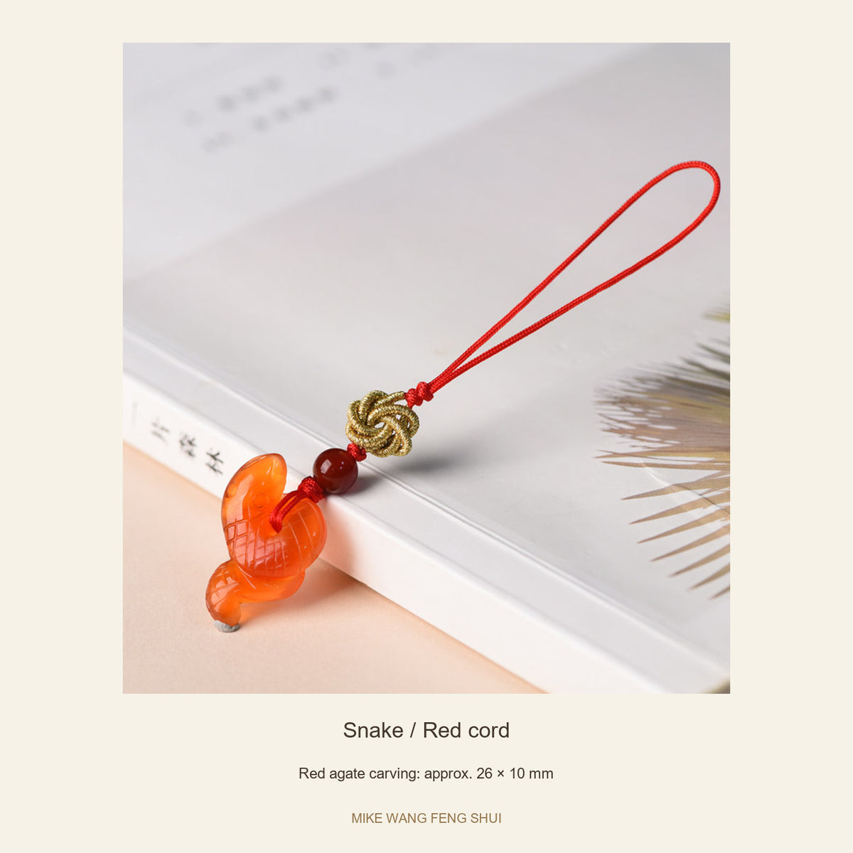 Red Agate Chinese Zodiac Phone Charm — Snake / Red cord — full view #Design_Snake / Red cord