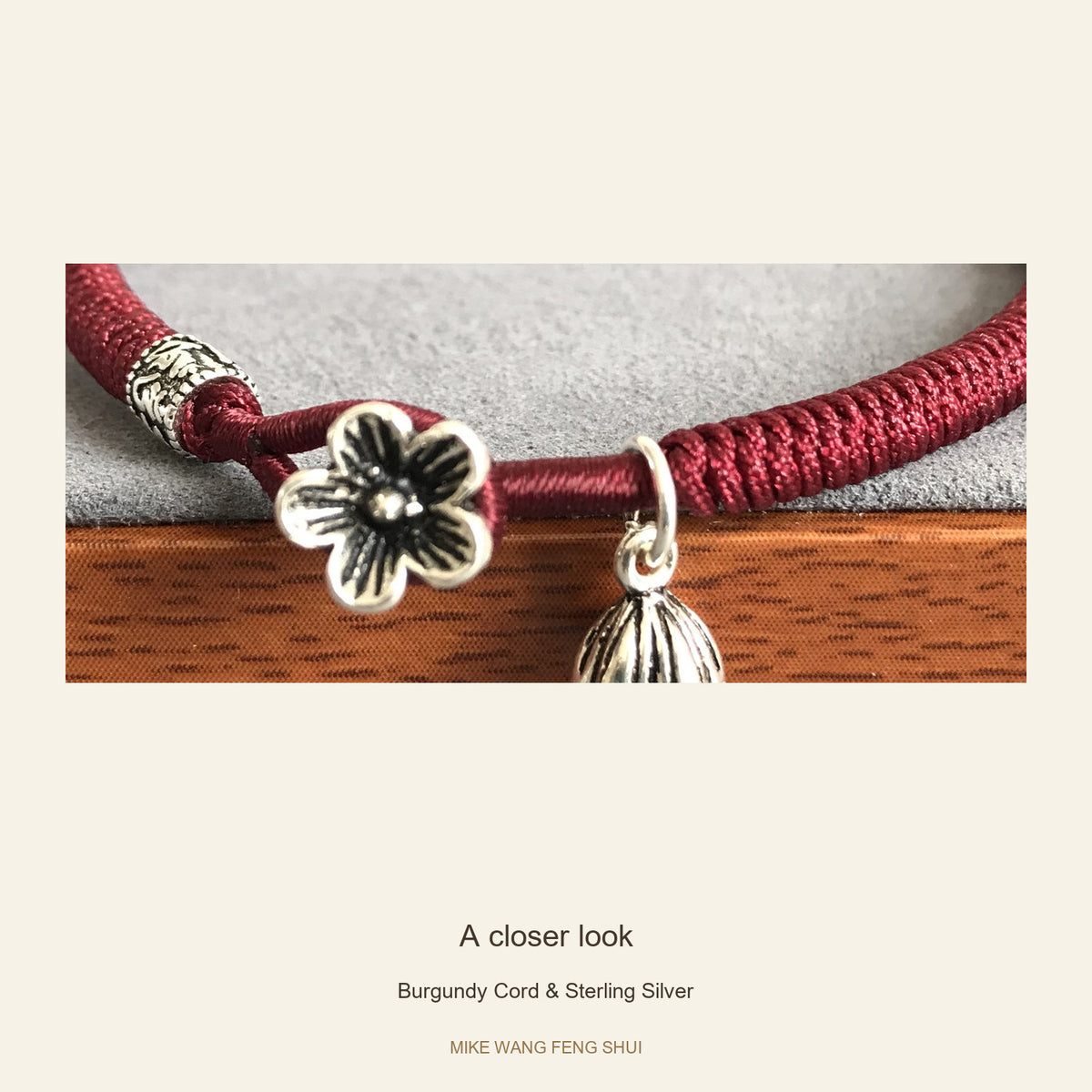 Burgundy Red Cord Bracelet with Sterling Silver Floral Clasp — Burgundy Cord & Sterling Silver — detail
