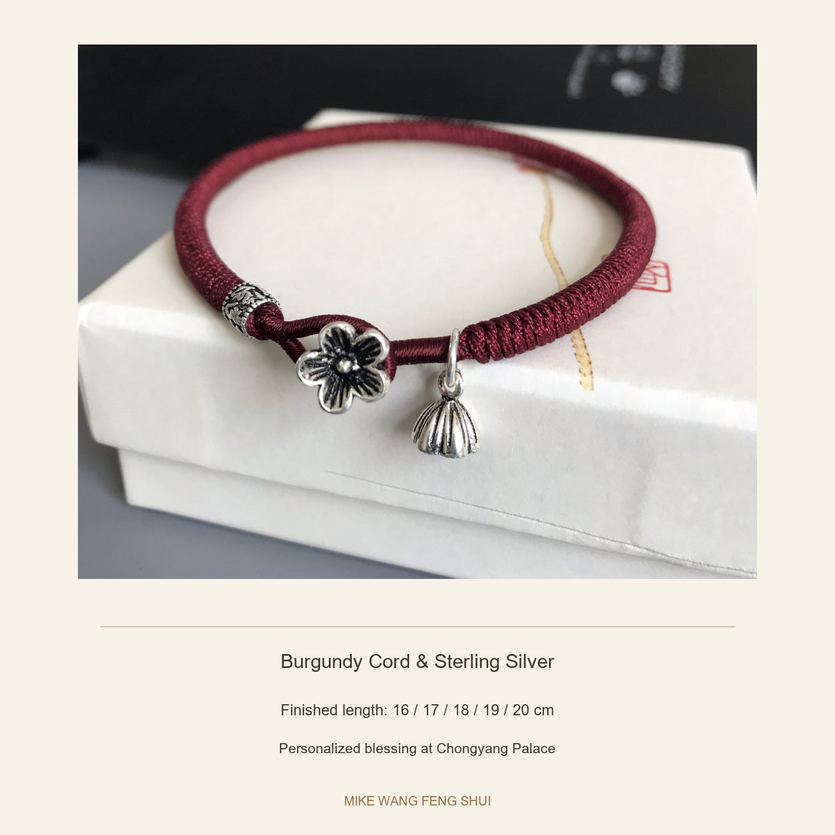 Burgundy Red Cord Bracelet with Sterling Silver Floral Clasp — Burgundy Cord & Sterling Silver — specifications