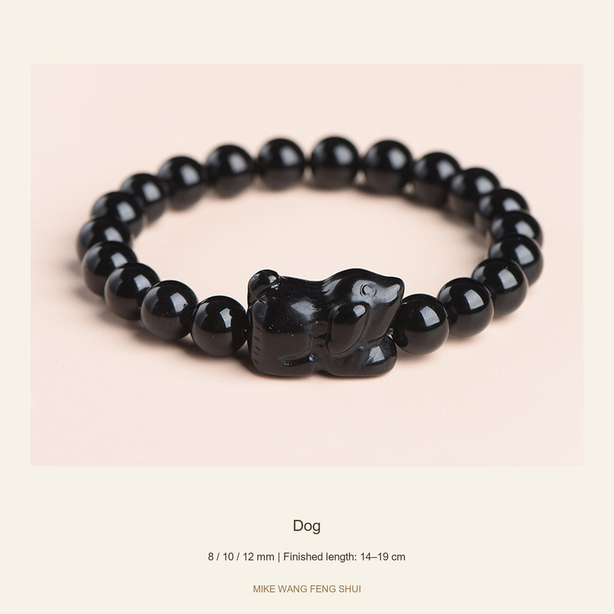 Black Obsidian Zodiac Bead Bracelet — 12 Animals — Dog — full view #Zodiac_Dog