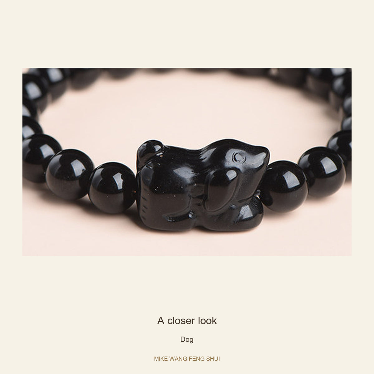 Black Obsidian Zodiac Bead Bracelet — 12 Animals — Dog — detail #Zodiac_Dog
