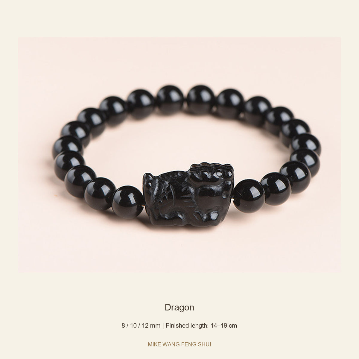 Black Obsidian Zodiac Bead Bracelet — 12 Animals — Dragon — full view #Zodiac_Dragon