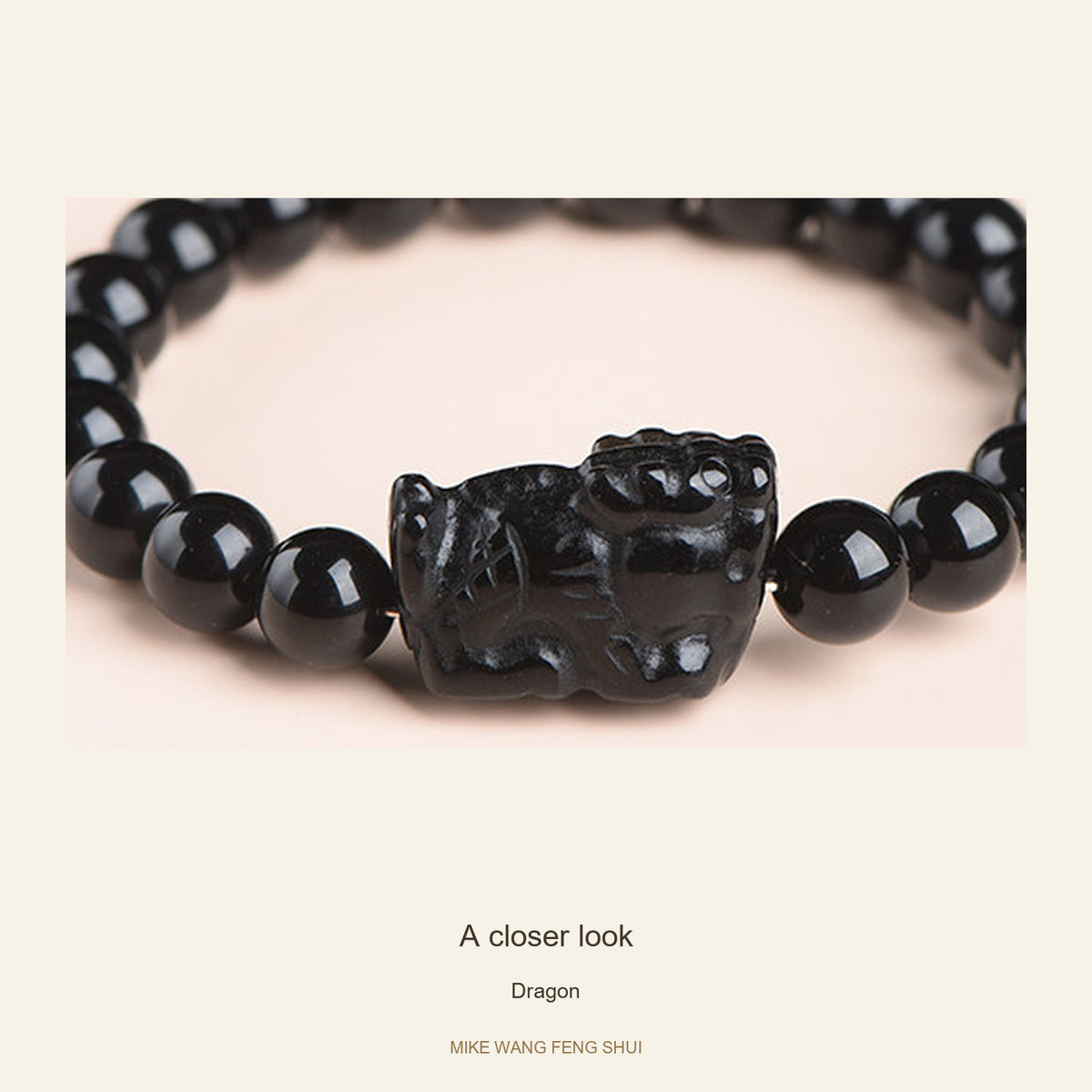 Black Obsidian Zodiac Bead Bracelet — 12 Animals — Dragon — detail #Zodiac_Dragon