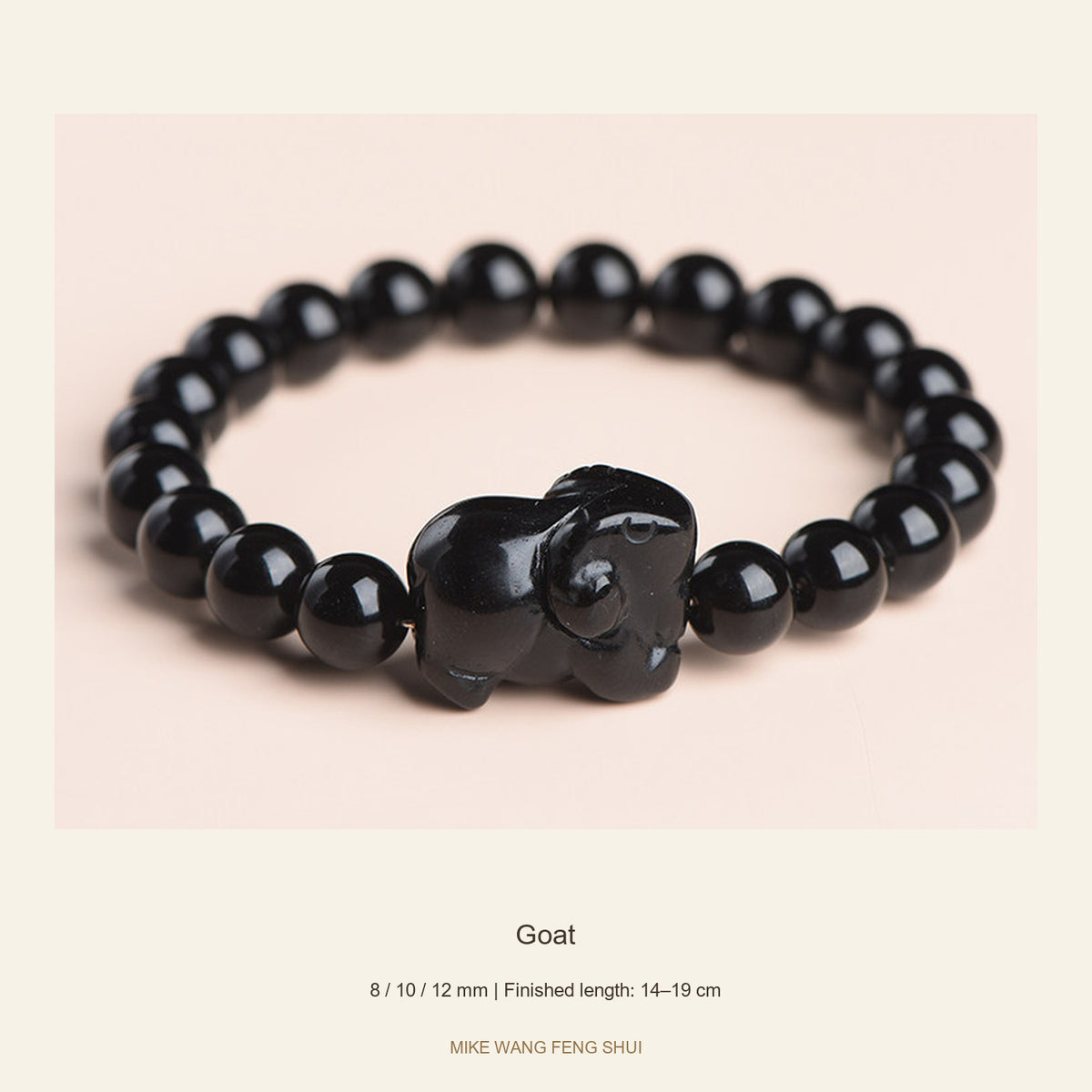 Black Obsidian Zodiac Bead Bracelet — 12 Animals — Goat — full view #Zodiac_Goat