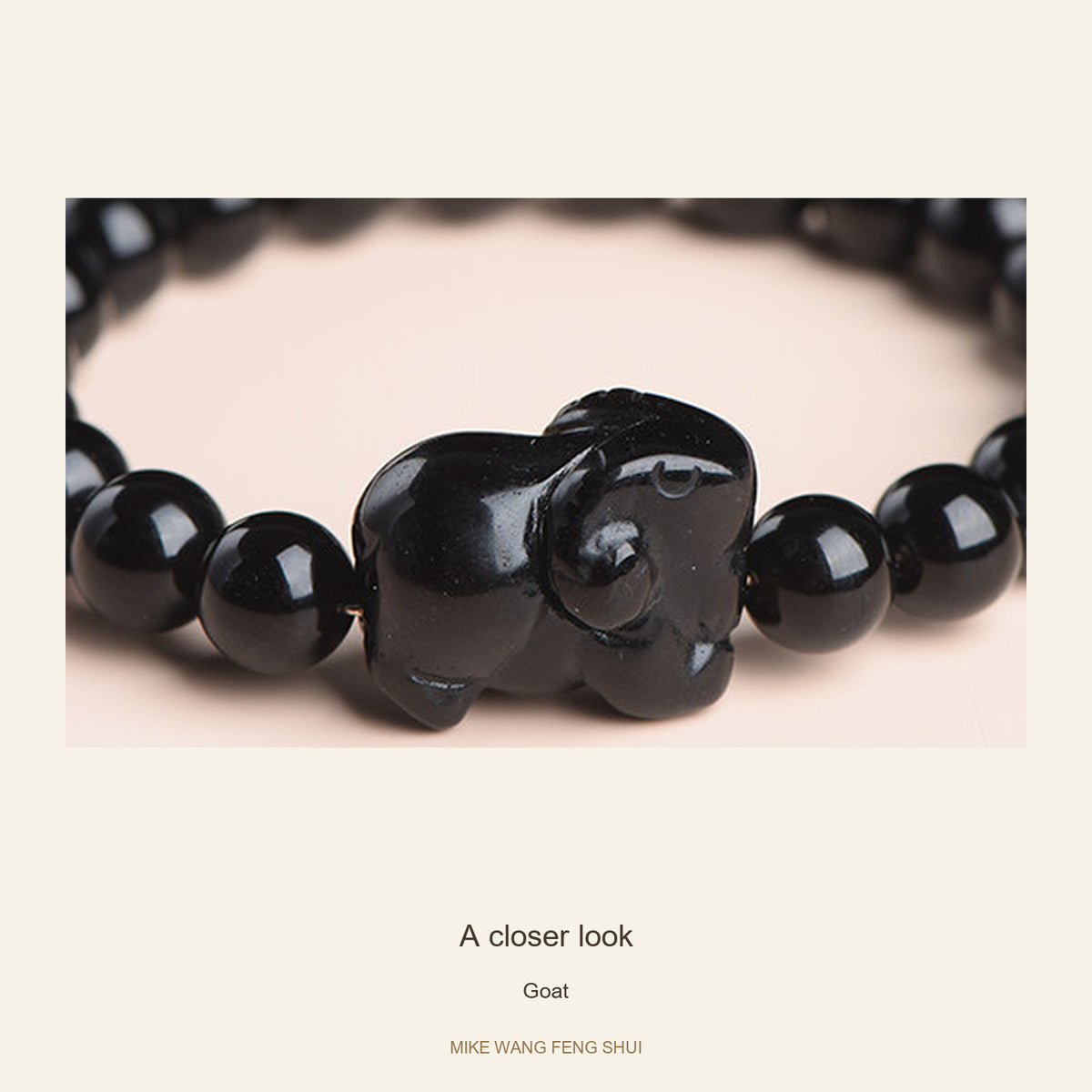 Black Obsidian Zodiac Bead Bracelet — 12 Animals — Goat — detail #Zodiac_Goat