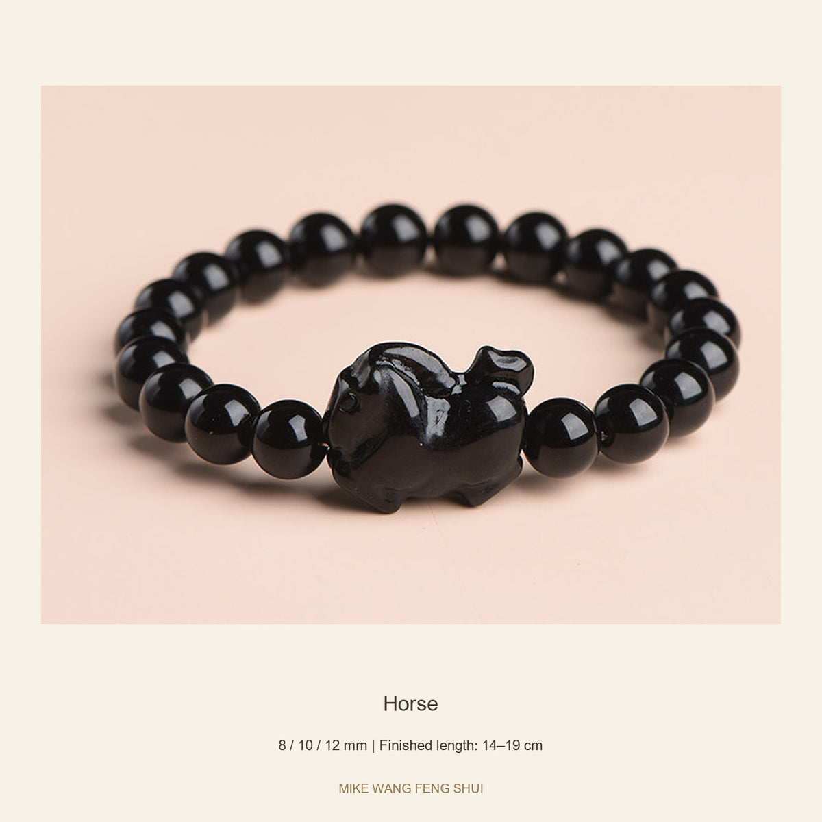 Black Obsidian Zodiac Bead Bracelet — 12 Animals — Horse — full view #Zodiac_Horse