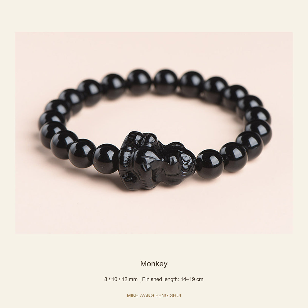 Black Obsidian Zodiac Bead Bracelet — 12 Animals — Monkey — full view #Zodiac_Monkey
