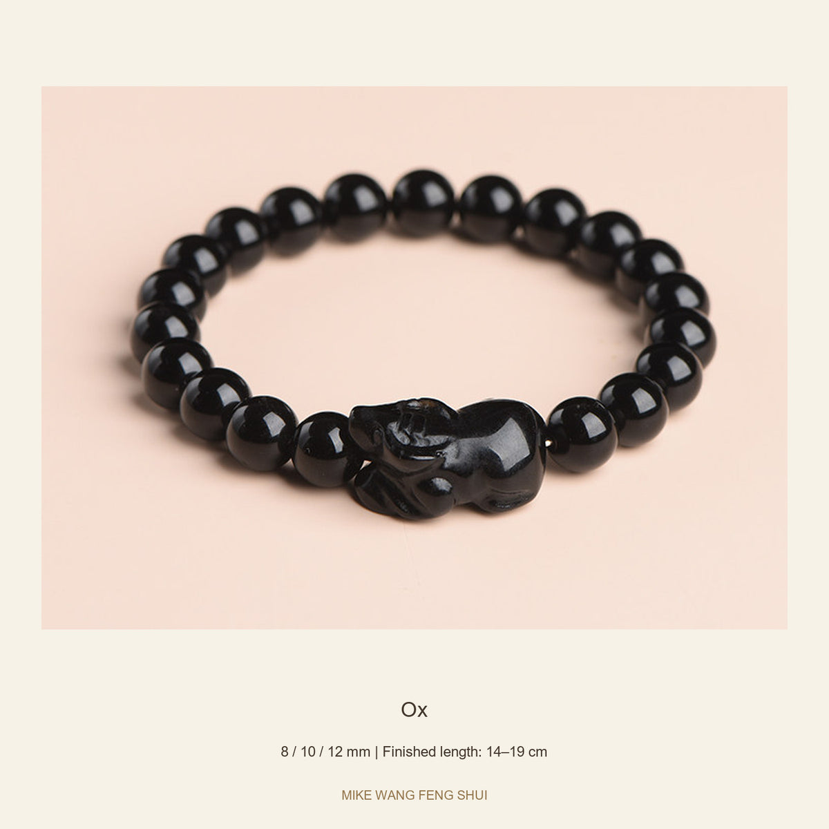 Black Obsidian Zodiac Bead Bracelet — 12 Animals — Ox — full view #Zodiac_Ox