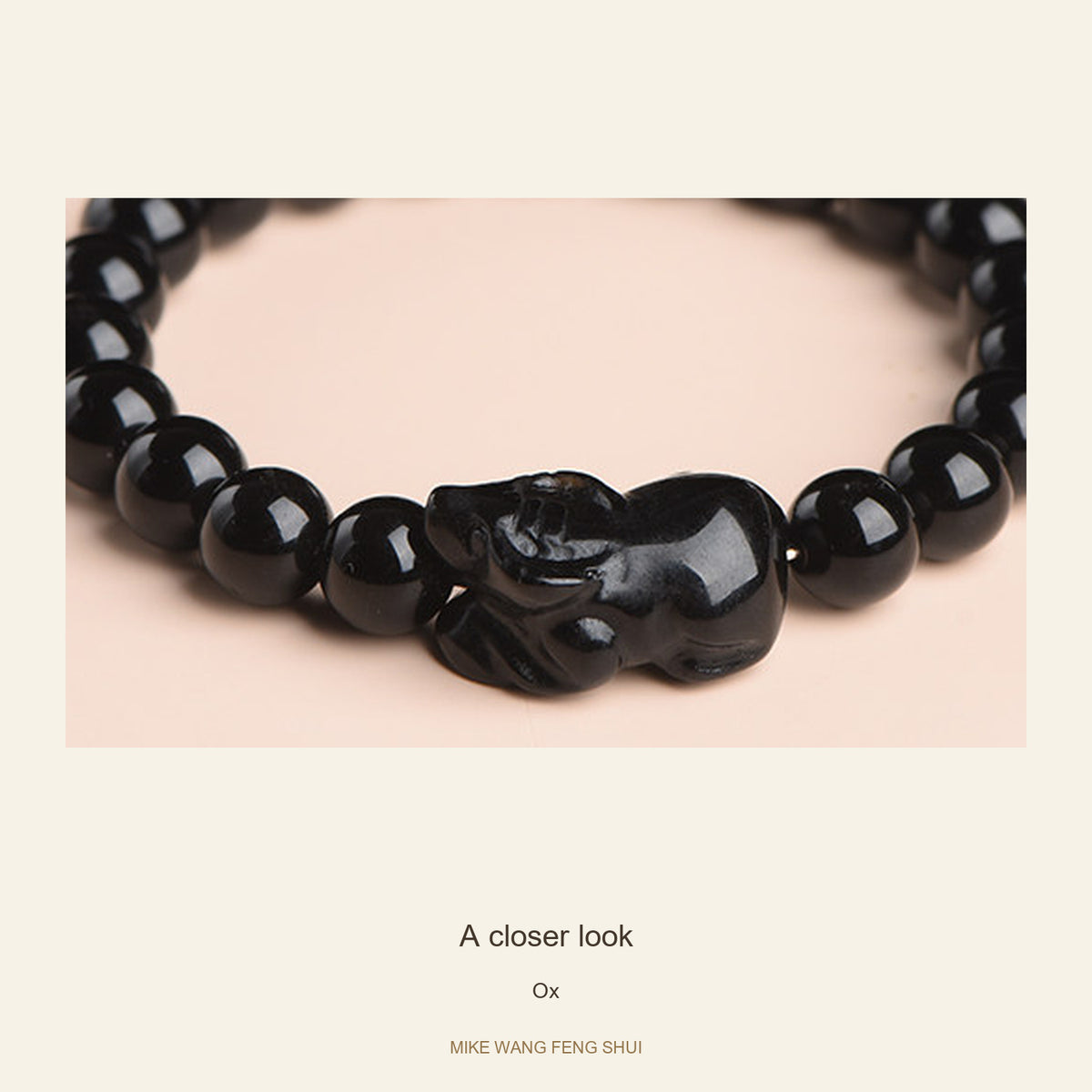 Black Obsidian Zodiac Bead Bracelet — 12 Animals — Ox — detail #Zodiac_Ox