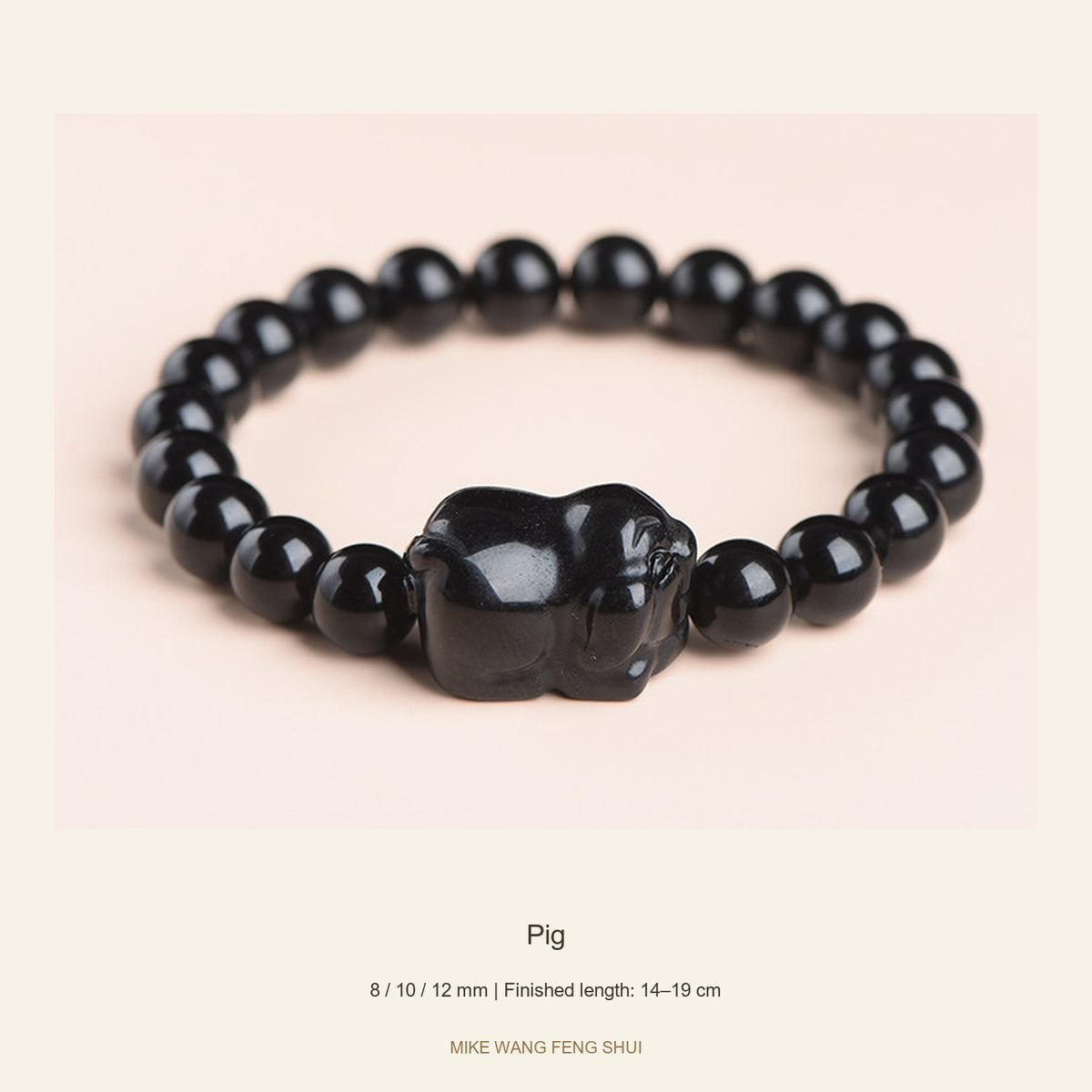 Black Obsidian Zodiac Bead Bracelet — 12 Animals — Pig — full view #Zodiac_Pig