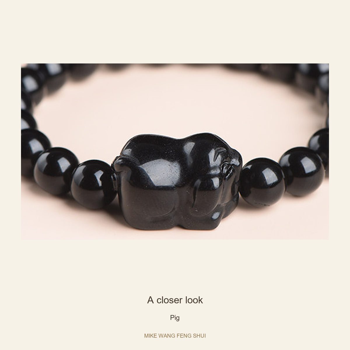 Black Obsidian Zodiac Bead Bracelet — 12 Animals — Pig — detail #Zodiac_Pig