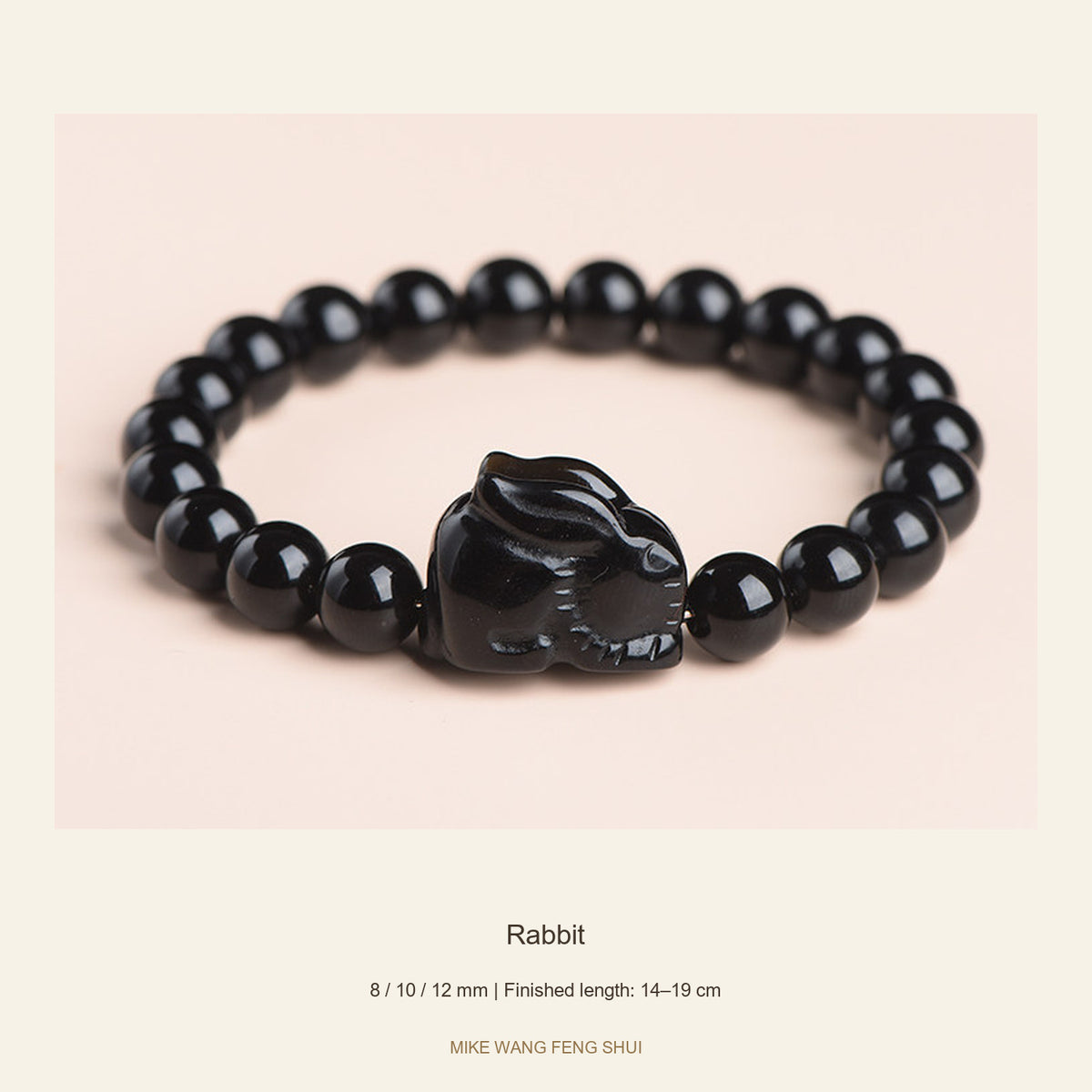 Black Obsidian Zodiac Bead Bracelet — 12 Animals — Rabbit — full view #Zodiac_Rabbit