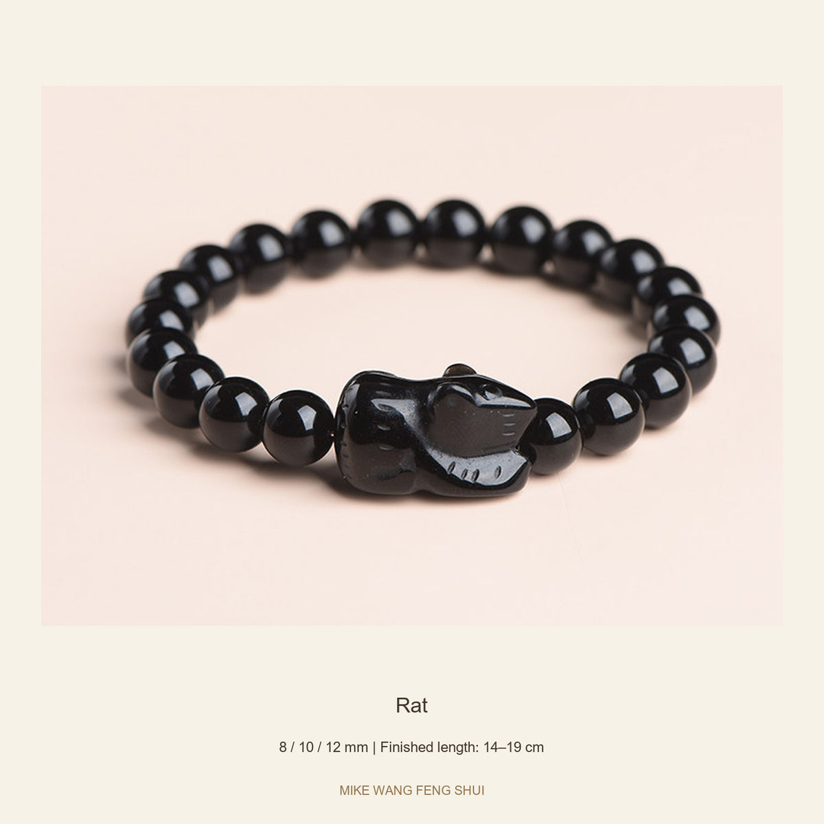 Black Obsidian Zodiac Bead Bracelet — 12 Animals — Rat — full view #Zodiac_Rat
