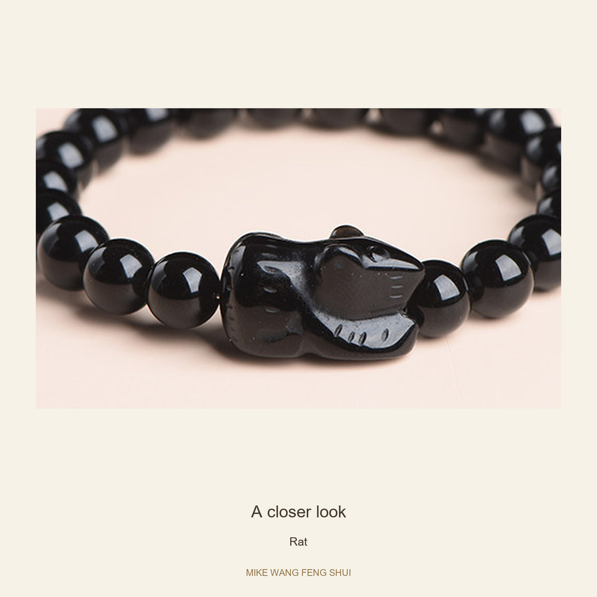 Black Obsidian Zodiac Bead Bracelet — 12 Animals — Rat — detail #Zodiac_Rat
