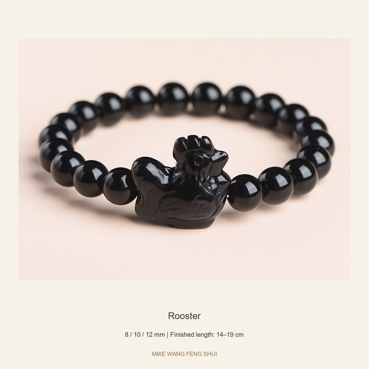 Black Obsidian Zodiac Bead Bracelet — 12 Animals — Rooster — full view #Zodiac_Rooster