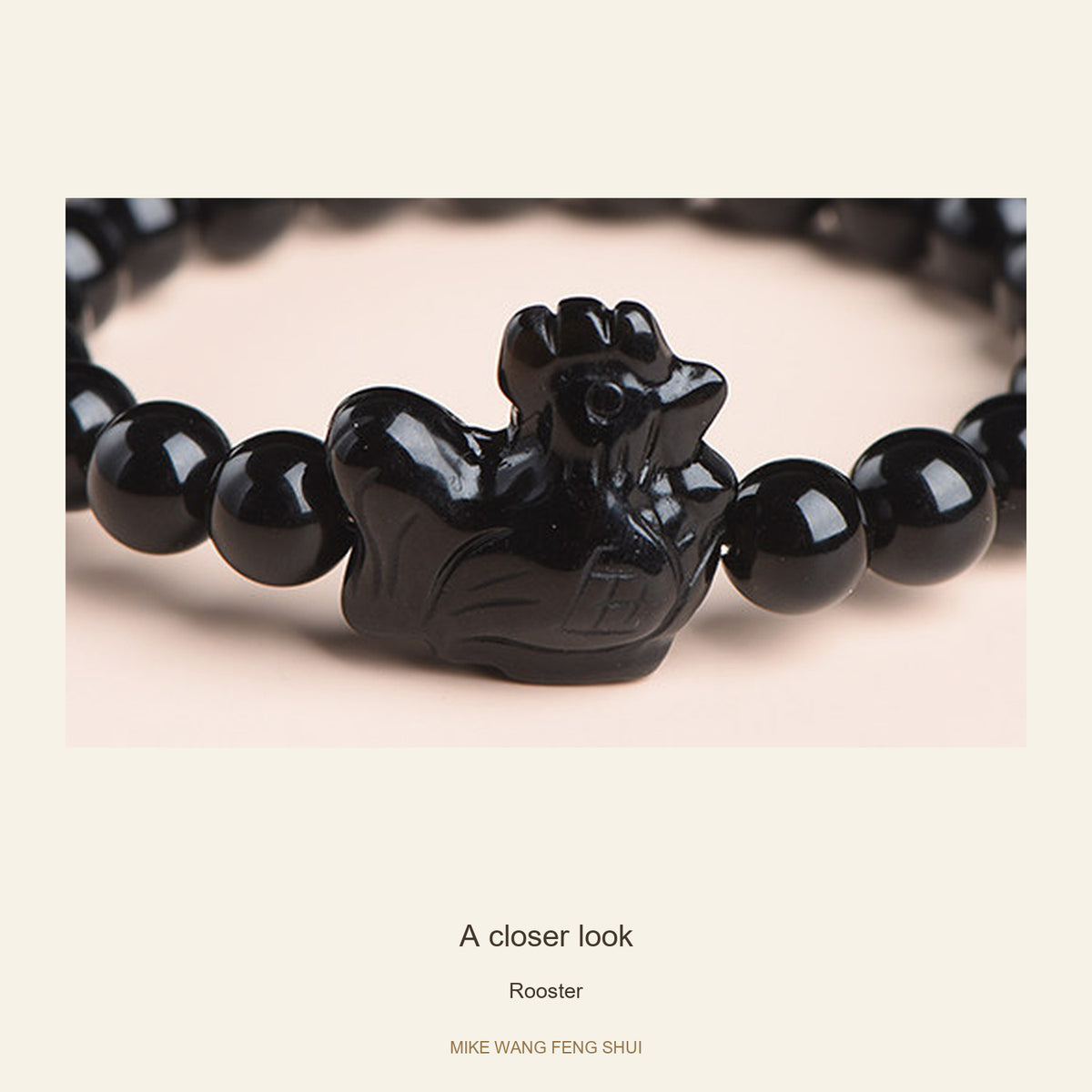 Black Obsidian Zodiac Bead Bracelet — 12 Animals — Rooster — detail #Zodiac_Rooster