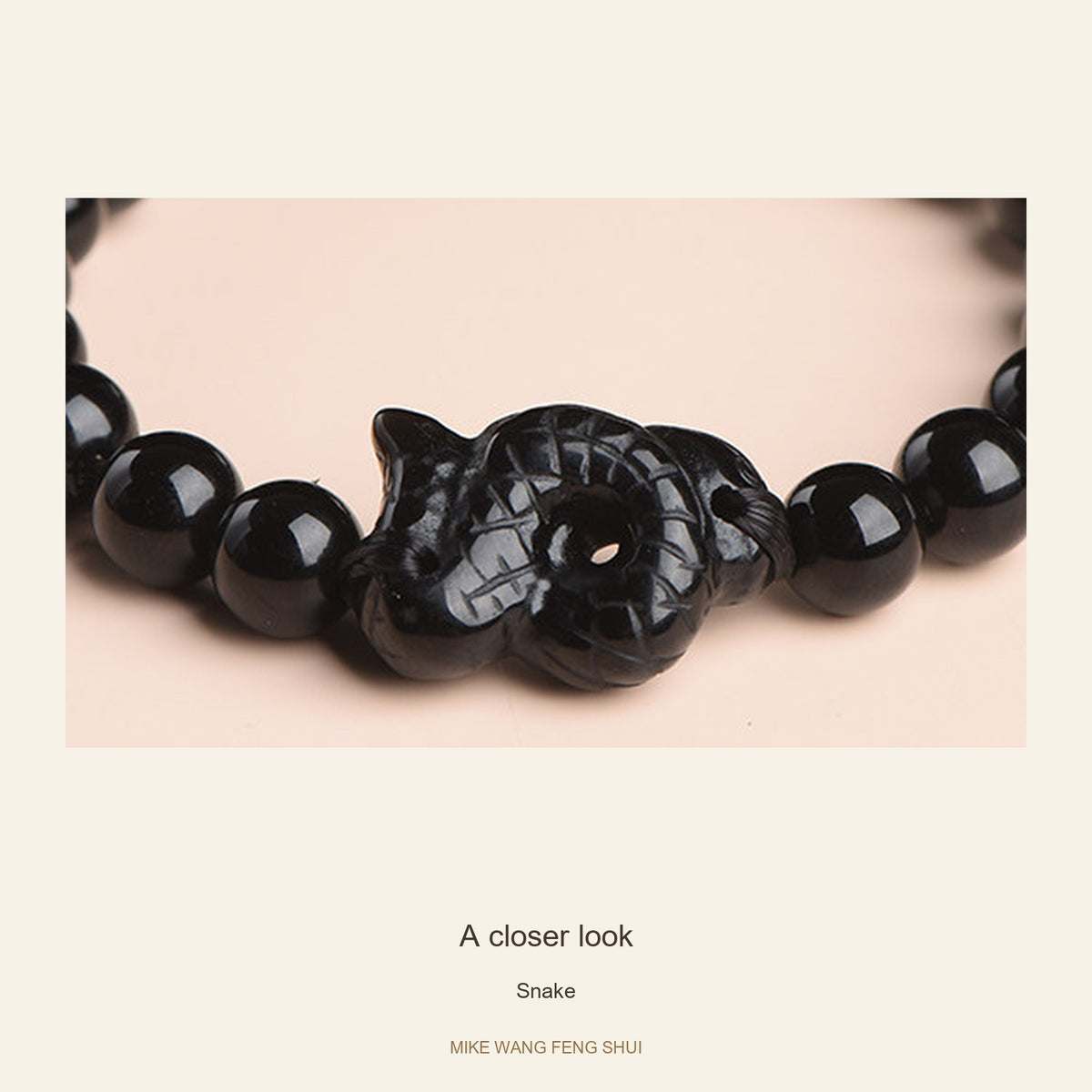 Black Obsidian Zodiac Bead Bracelet — 12 Animals — Snake — detail #Zodiac_Snake