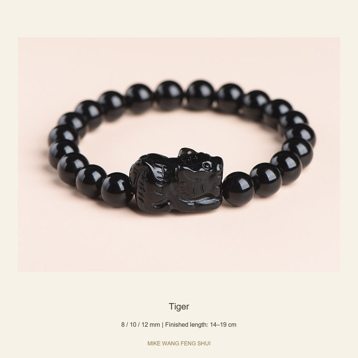 Black Obsidian Zodiac Bead Bracelet — 12 Animals — Tiger — full view #Zodiac_Tiger