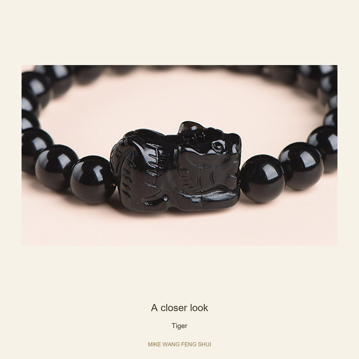 Black Obsidian Zodiac Bead Bracelet — 12 Animals — Tiger — detail #Zodiac_Tiger