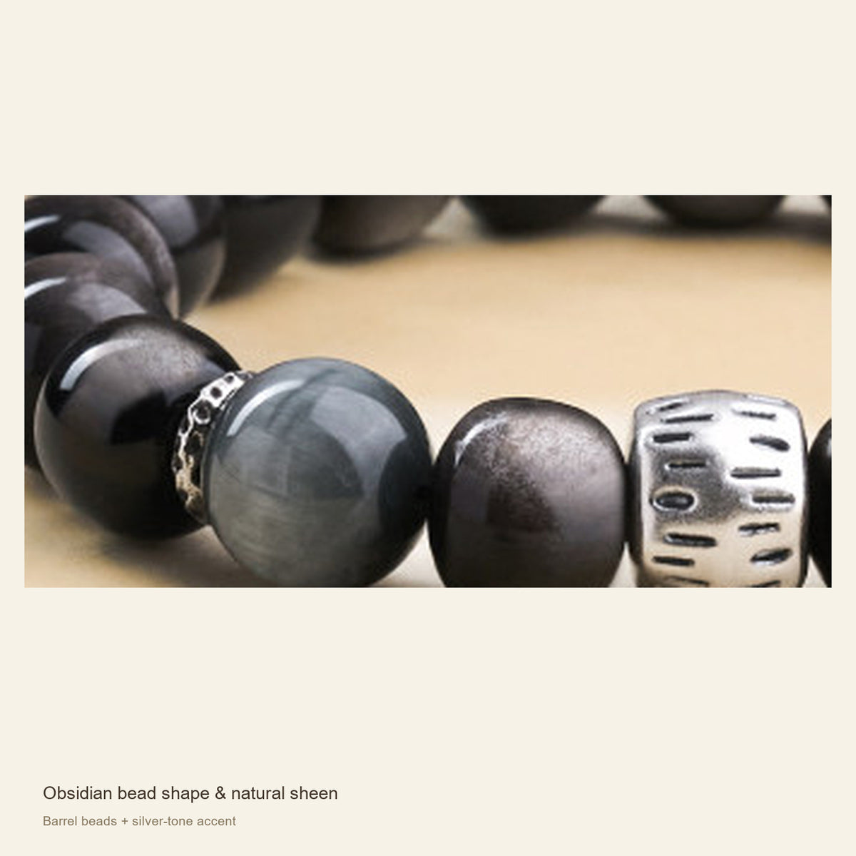 Silver Sheen Obsidian Bracelet — Round & Barrel Beads — Obsidian bead shape & natural sheen; Barrel beads + silver-tone accent #Style_Barrel beads + silver-tone accent
