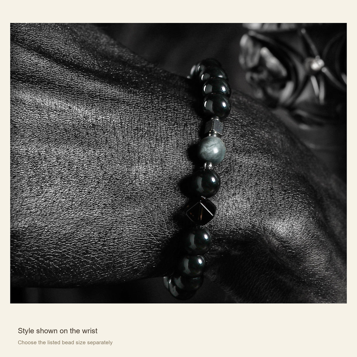 Obsidian Accent Bracelet — Dark Moon & Tiger Eye — Style shown on the wrist; Choose the listed bead size separately #Style_Dark Moon 8 mm