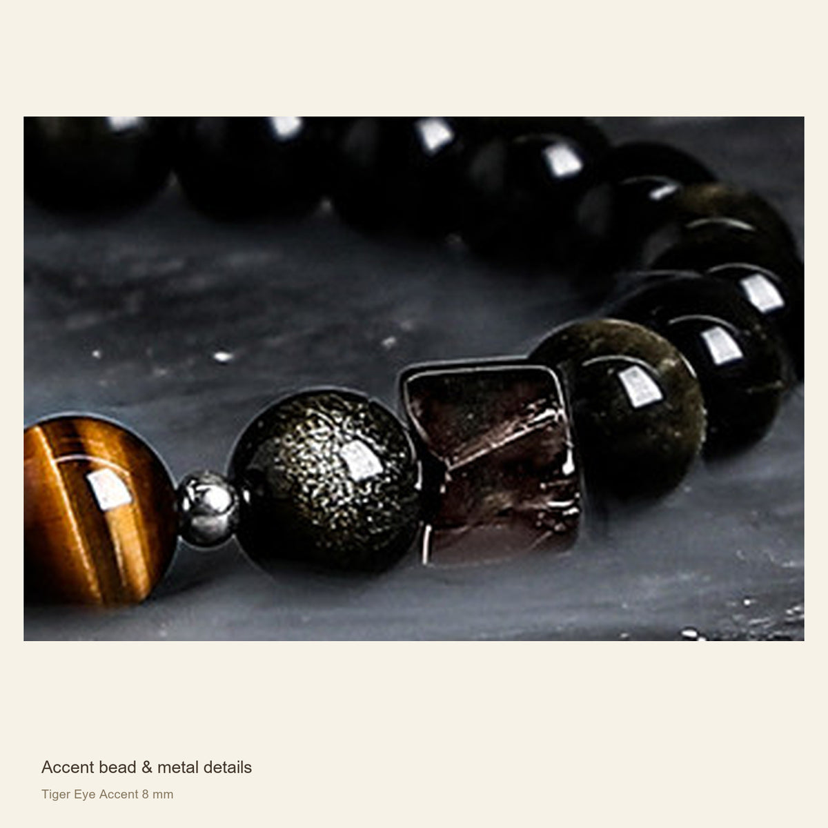 Obsidian Accent Bracelet — Dark Moon & Tiger Eye — Accent bead & metal details; Tiger Eye Accent 8 mm #Style_Tiger Eye Accent 8 mm