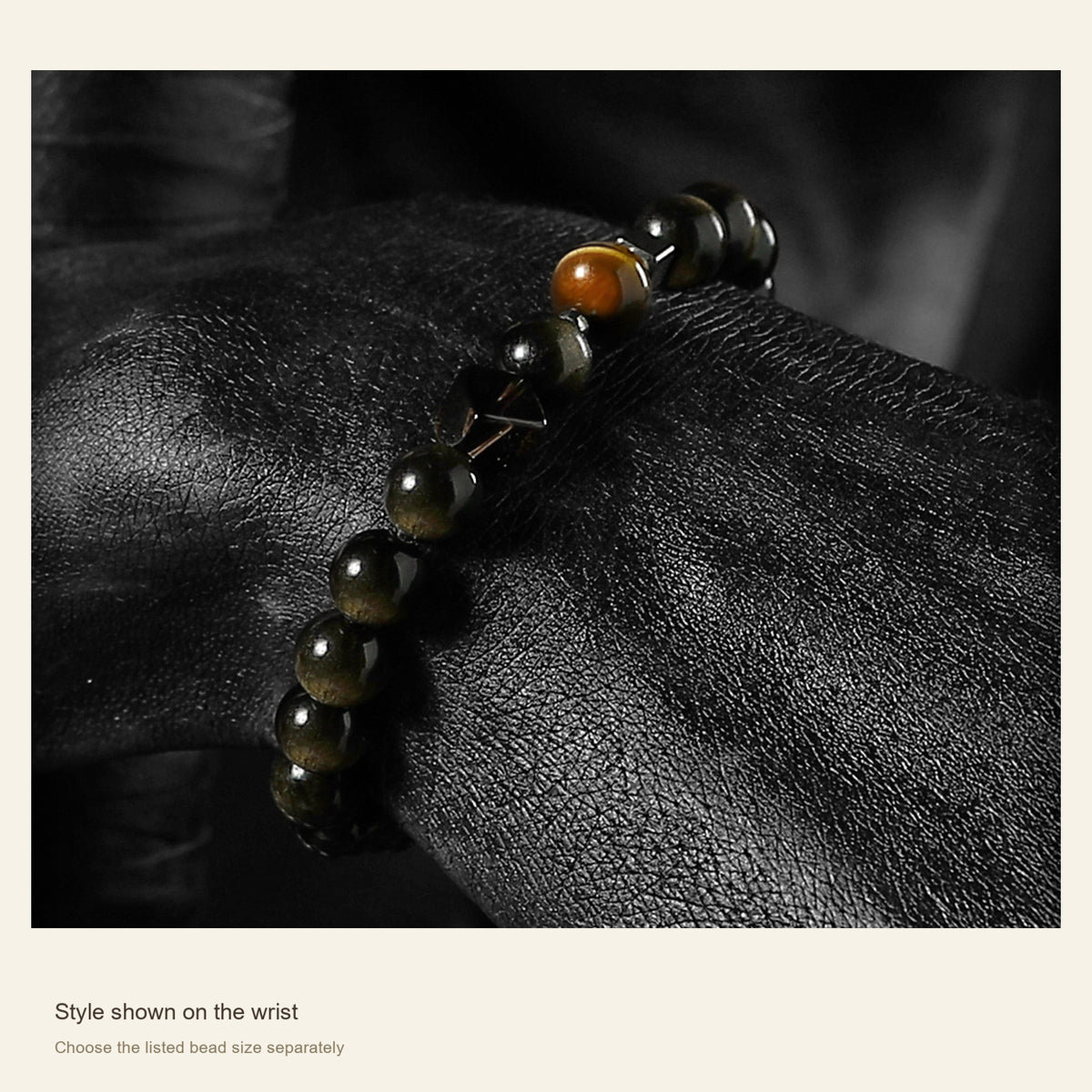 Obsidian Accent Bracelet — Dark Moon & Tiger Eye — Style shown on the wrist; Choose the listed bead size separately #Style_Tiger Eye Accent 10 mm