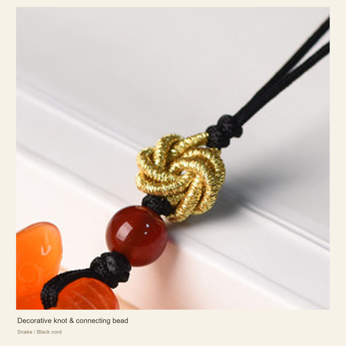 Red Agate Chinese Zodiac Phone Charm — Decorative knot & connecting bead; Snake / Black cord #Design_Snake / Black cord
