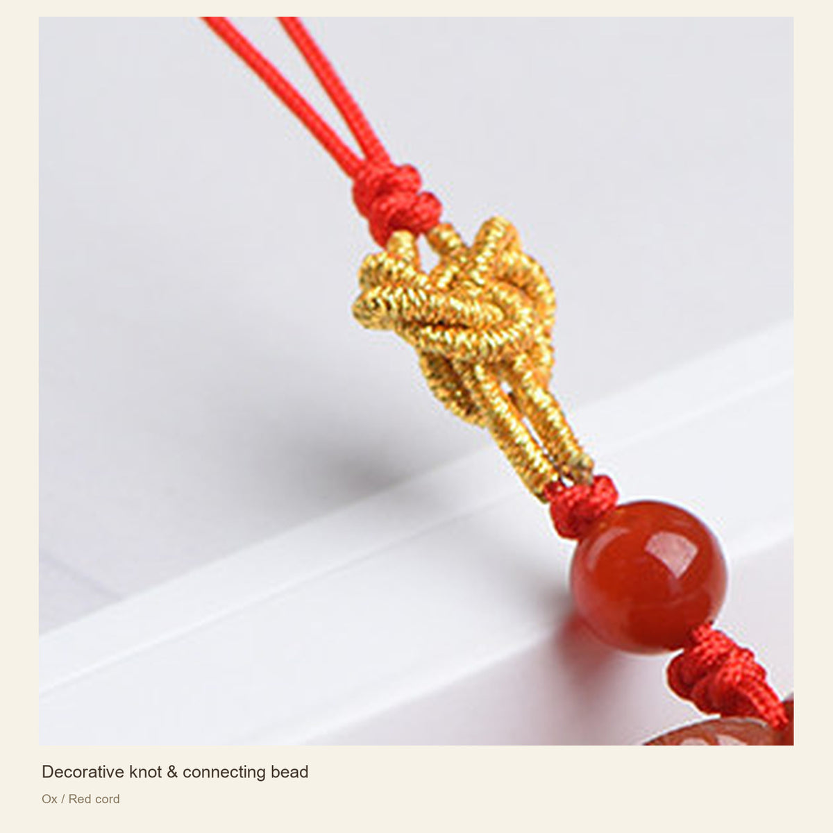 Red Agate Chinese Zodiac Phone Charm — Decorative knot & connecting bead; Ox / Red cord #Design_Ox / Red cord