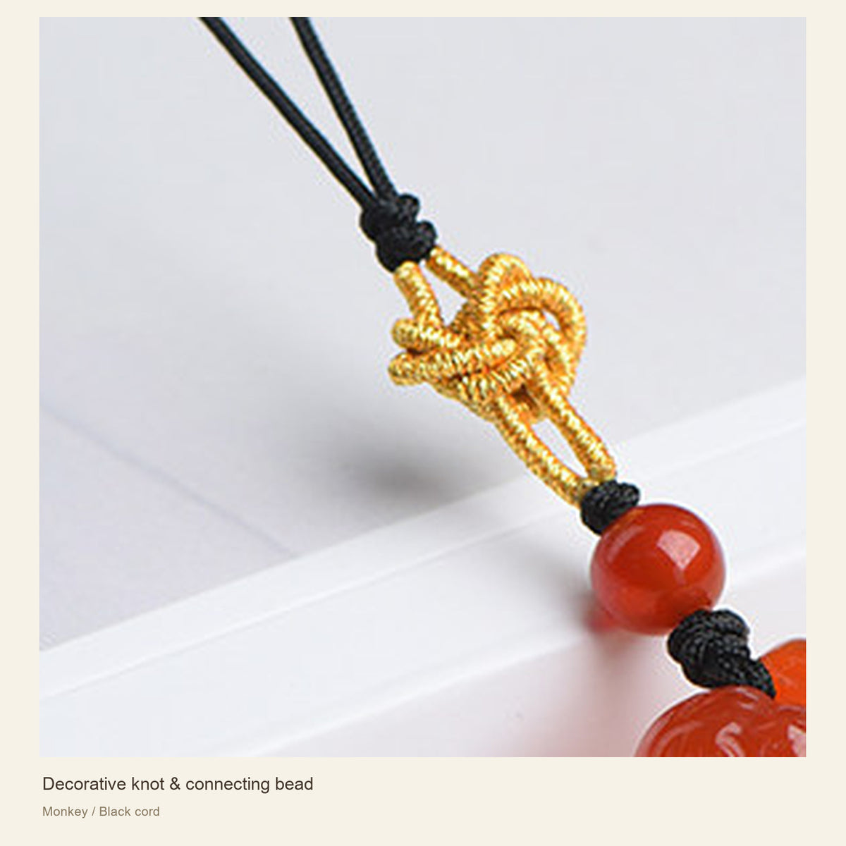 Red Agate Chinese Zodiac Phone Charm — Decorative knot & connecting bead; Monkey / Black cord #Design_Monkey / Black cord