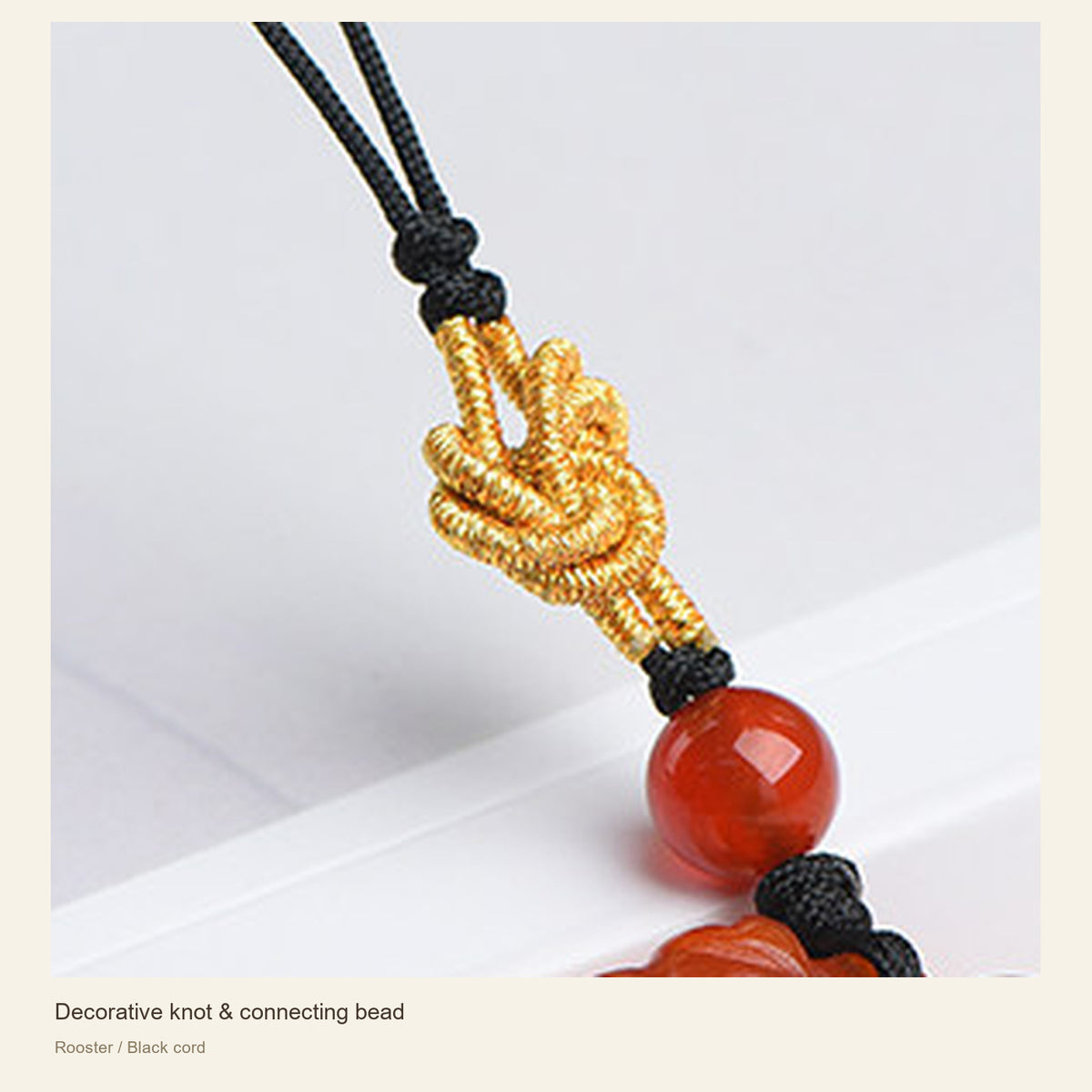 Red Agate Chinese Zodiac Phone Charm — Decorative knot & connecting bead; Rooster / Black cord #Design_Rooster / Black cord