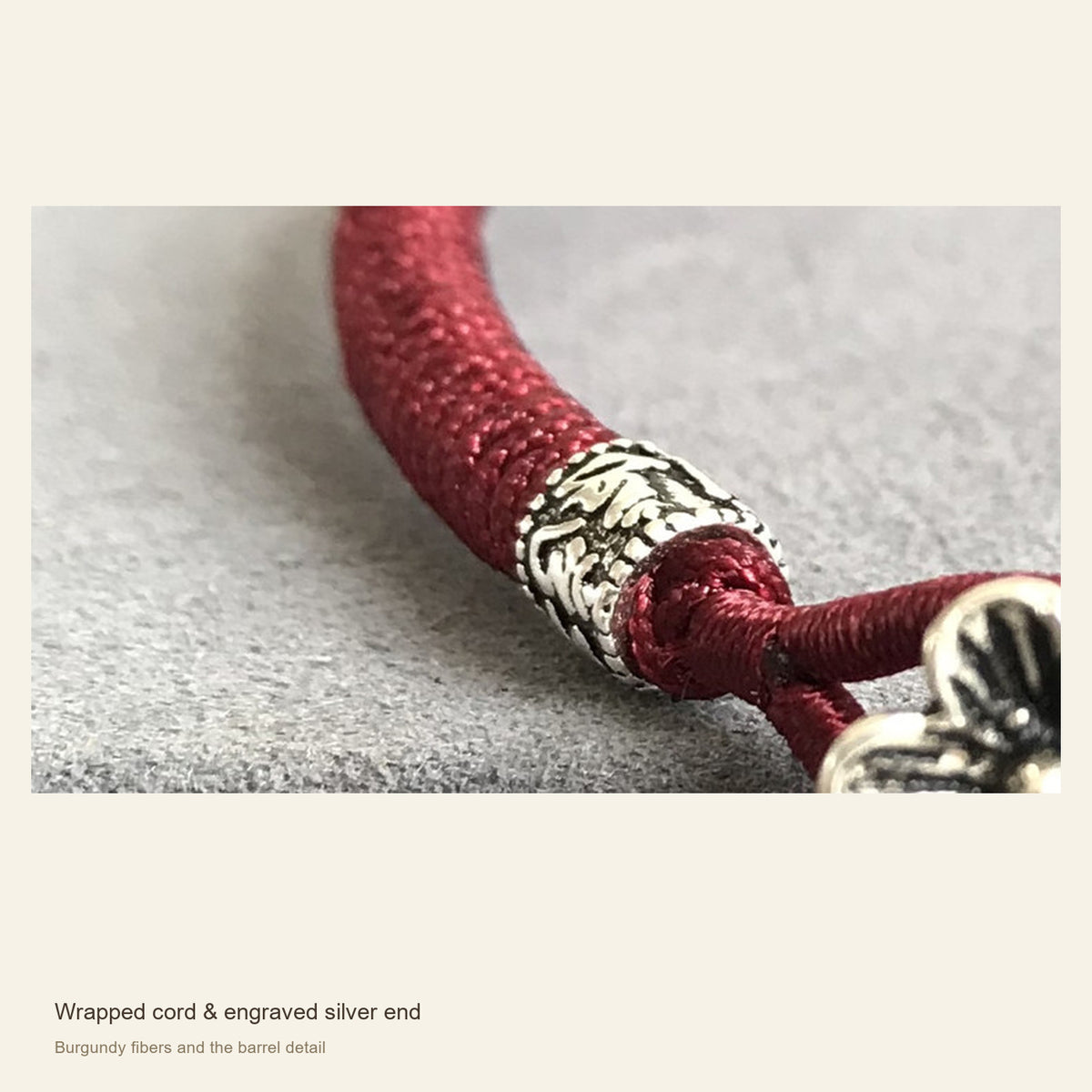 Burgundy Red Cord Bracelet with Sterling Silver Floral Clasp — Wrapped cord & engraved silver end; Burgundy fibers and the barrel detail
