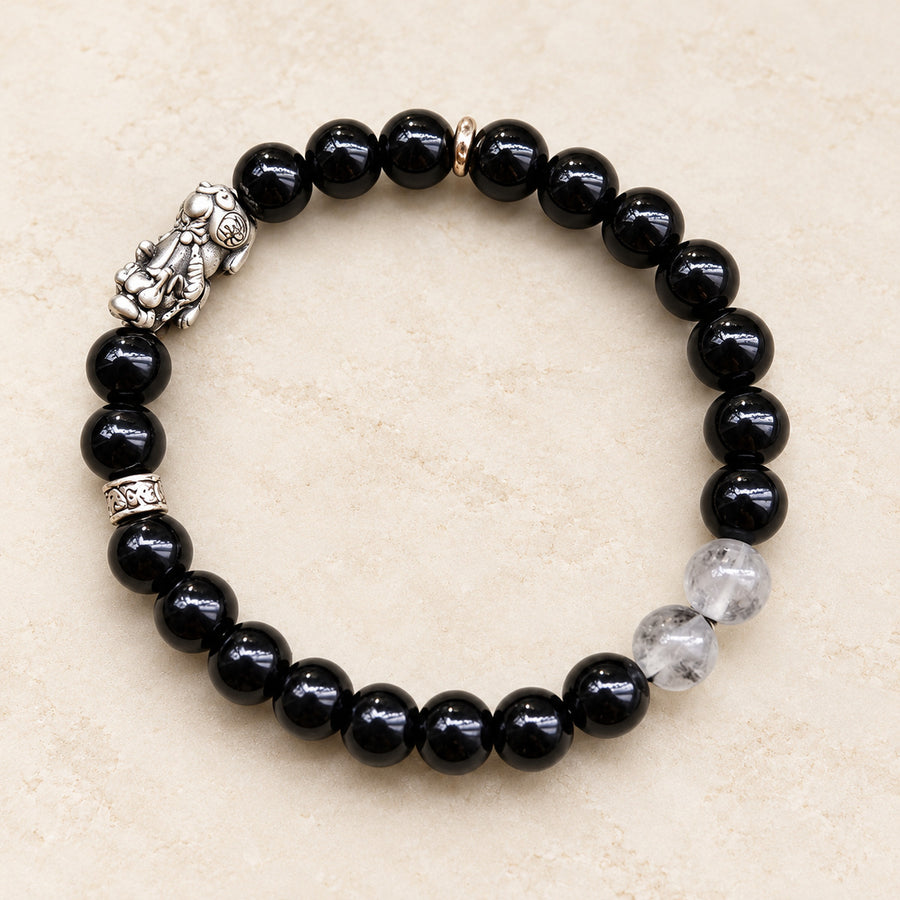 6 mm Obsidian & Fine Silver Pixiu Bracelet