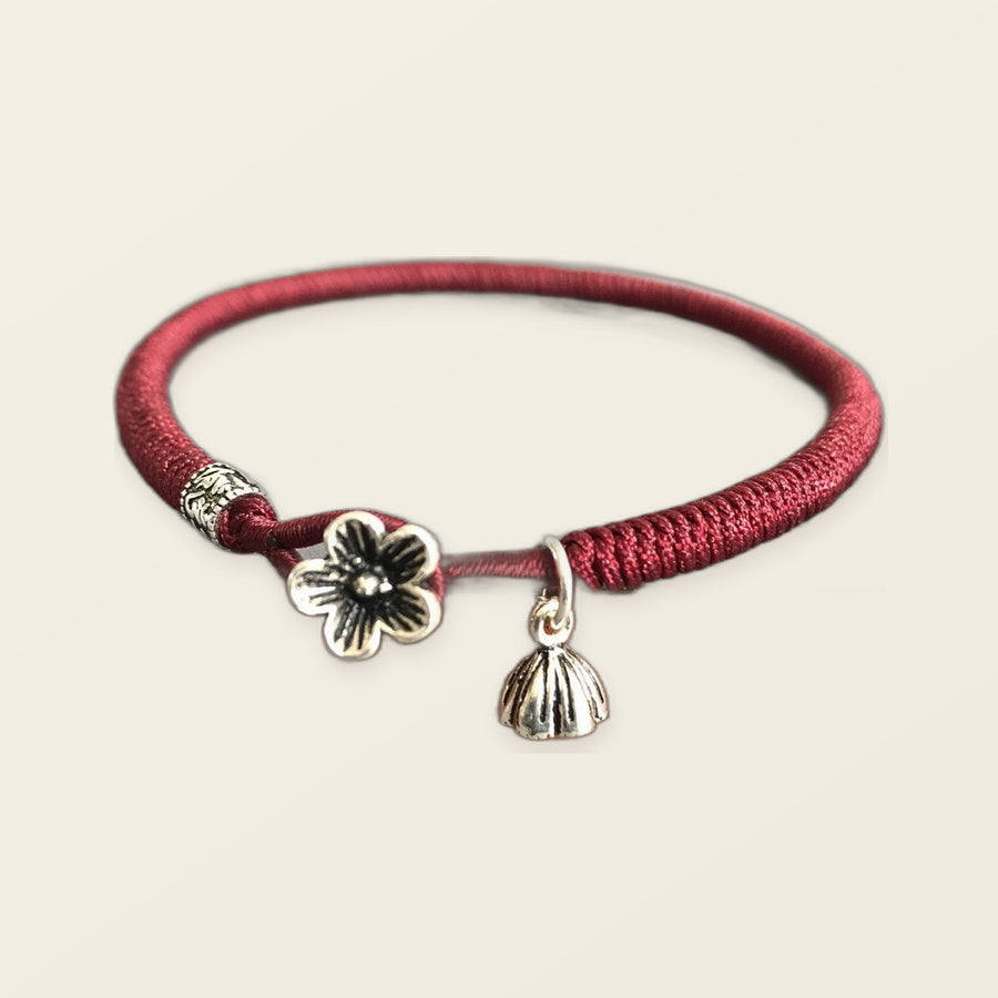 Burgundy Red Cord Bracelet with Sterling Silver Floral Clasp